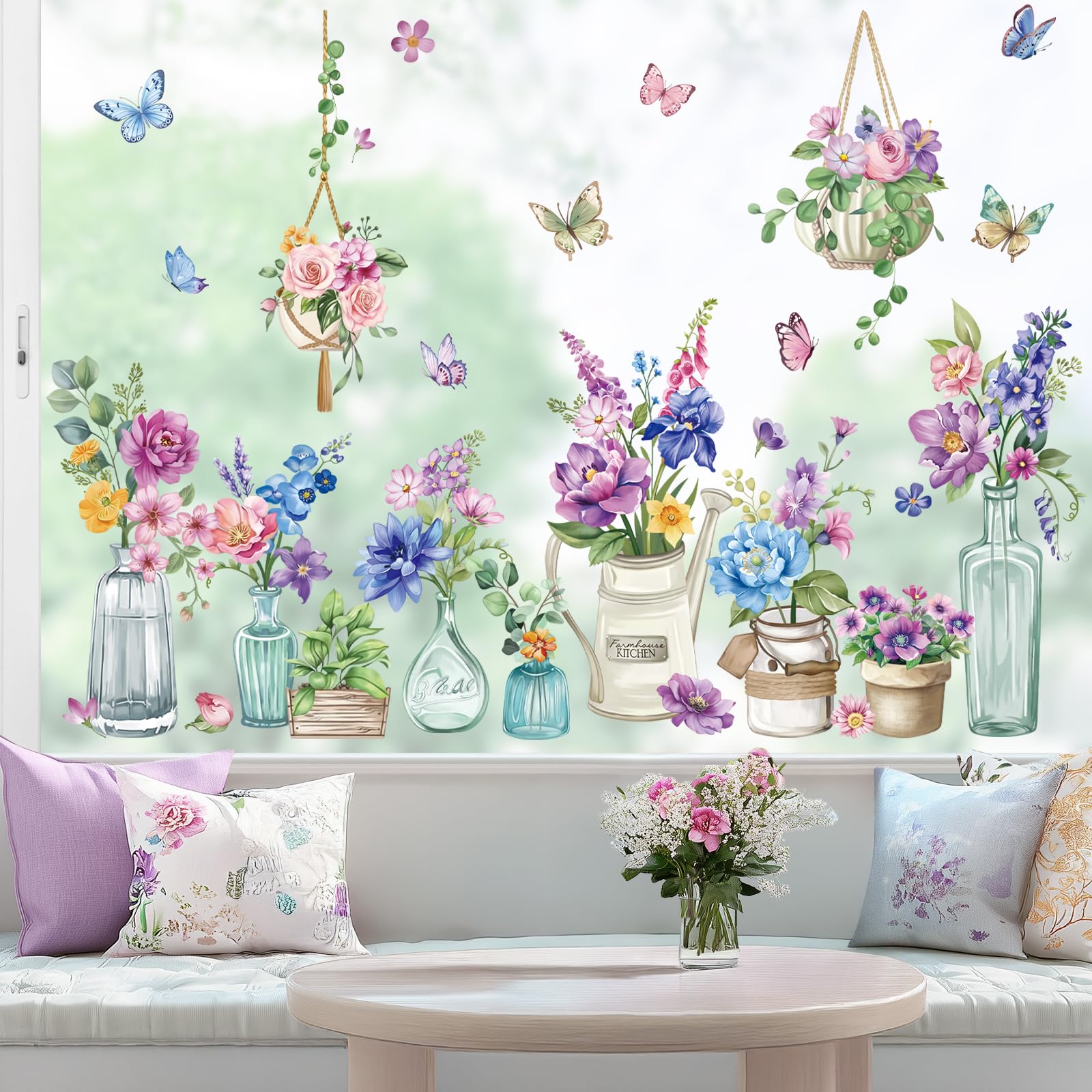 wondever Spring Summer Potted Flowers Window Clings Floral Vase Butterflies Glass Sticker Decal Anti Collision Double-Side Static Window Stickers for Home Glass Window - Image 3