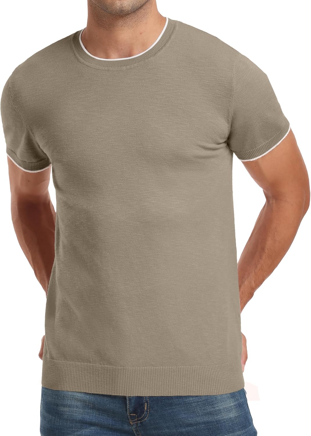 Sailwind Mens T-Shirt Knit Short Sleeve Crew Neck Contrast Trim Knit T-Shirt Light Khaki - Image 4