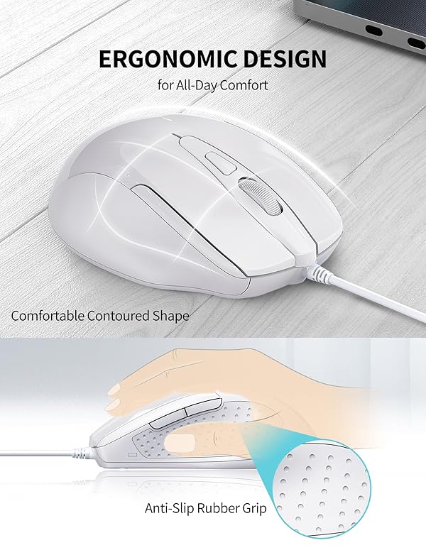 TECKNET USB Wired Mouse, 6-Button Corded Mouse with 4 Adjustable DPI, Optical Computer Mouse with Ergonomic Design and 5FT Cord for Laptop, Chromebook, PC, Desktop, Mac, Notebook-LT.White by TECKNET - Image 3