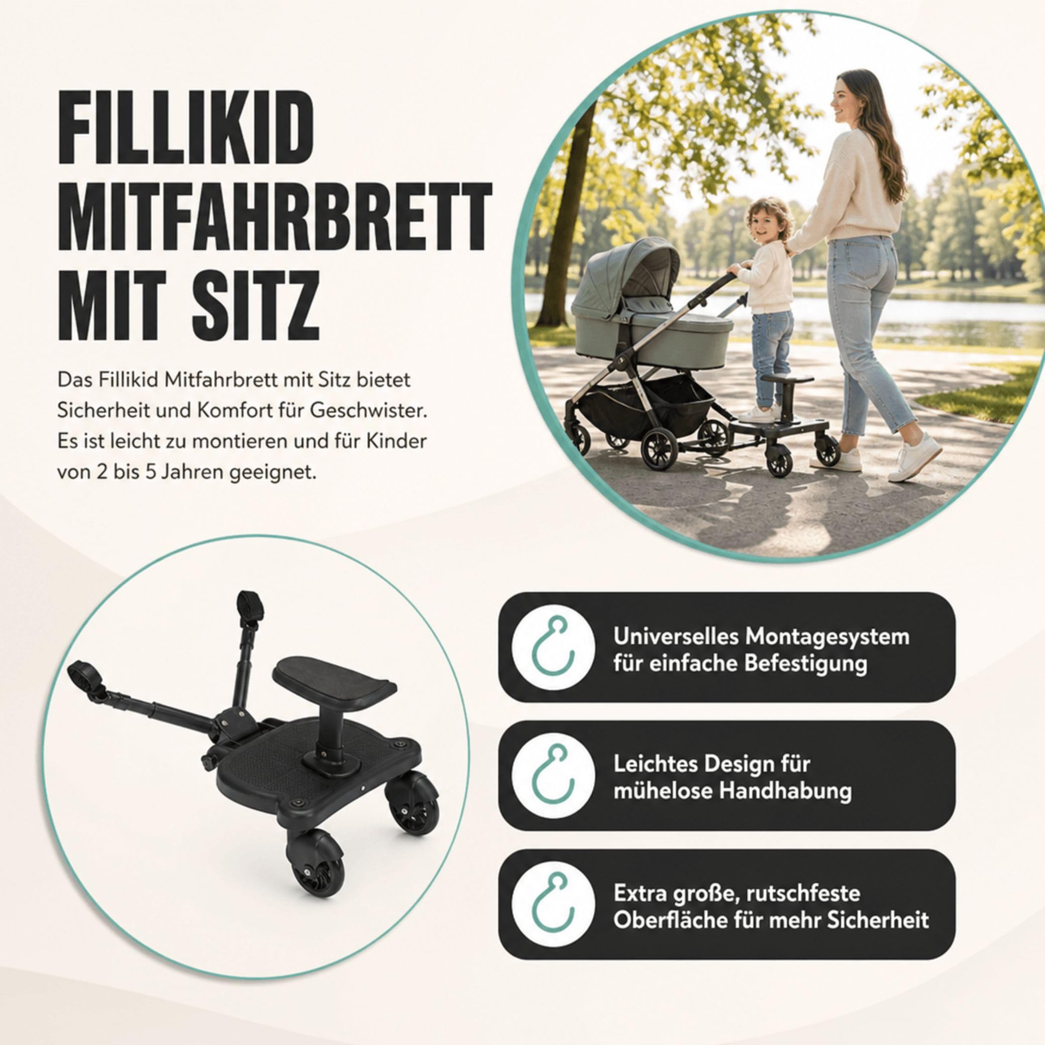 Fillikid Basic Buggy Board Exclusiv, Filliboard Mitfahrbrett nutzbar von 2-5 Jahre, Rollbrett Universell für alle gängigen Kinderwagen & Buggy, Kiddyboard mit abnehmbaren Sitz