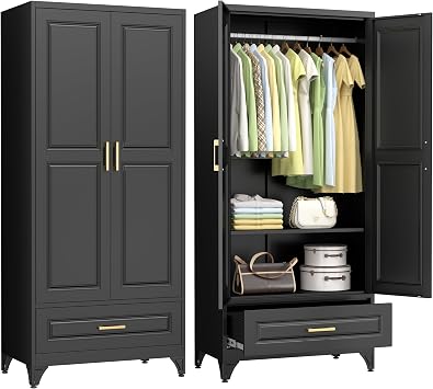 Polup Metal Armoire Wardrobe Closet with Drawer, 71 Tall Wardrobe with Doors and Shelves, Metal Wardrobes Closet with Hanging Rod, for Bedroom, Garage, Laundry, Black