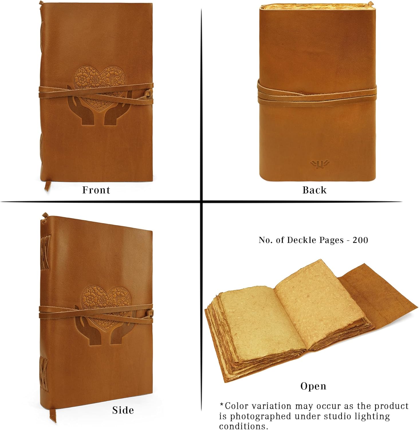 Heart Journal for Women and Men, Handcrafted Leather Journal for Writing Womens, Sketchbook, Travel Diary with Unlined Deckle Paper, Camel Brown 8x13