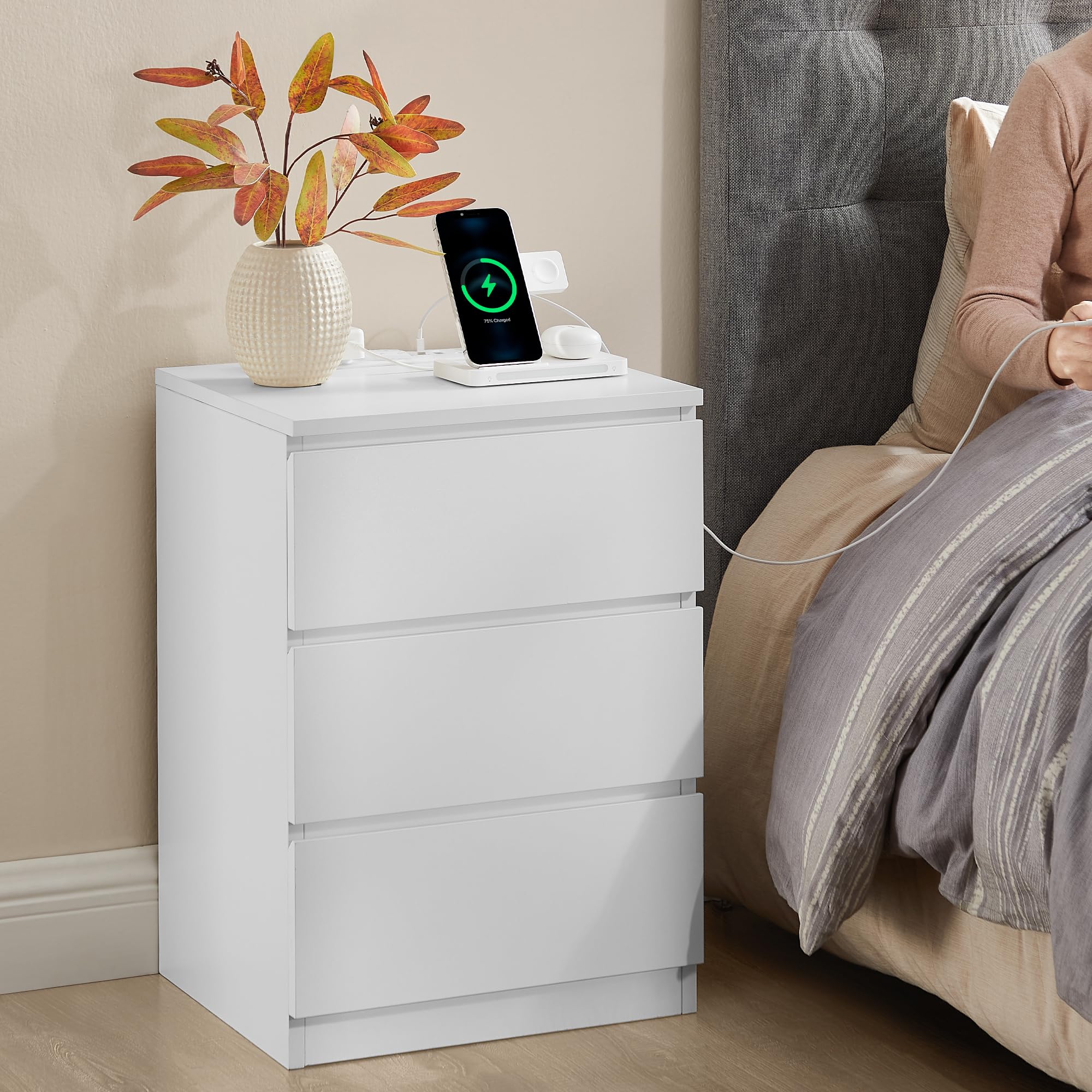 VASAGLE White 3 Drawer Nightstand with Charging Station