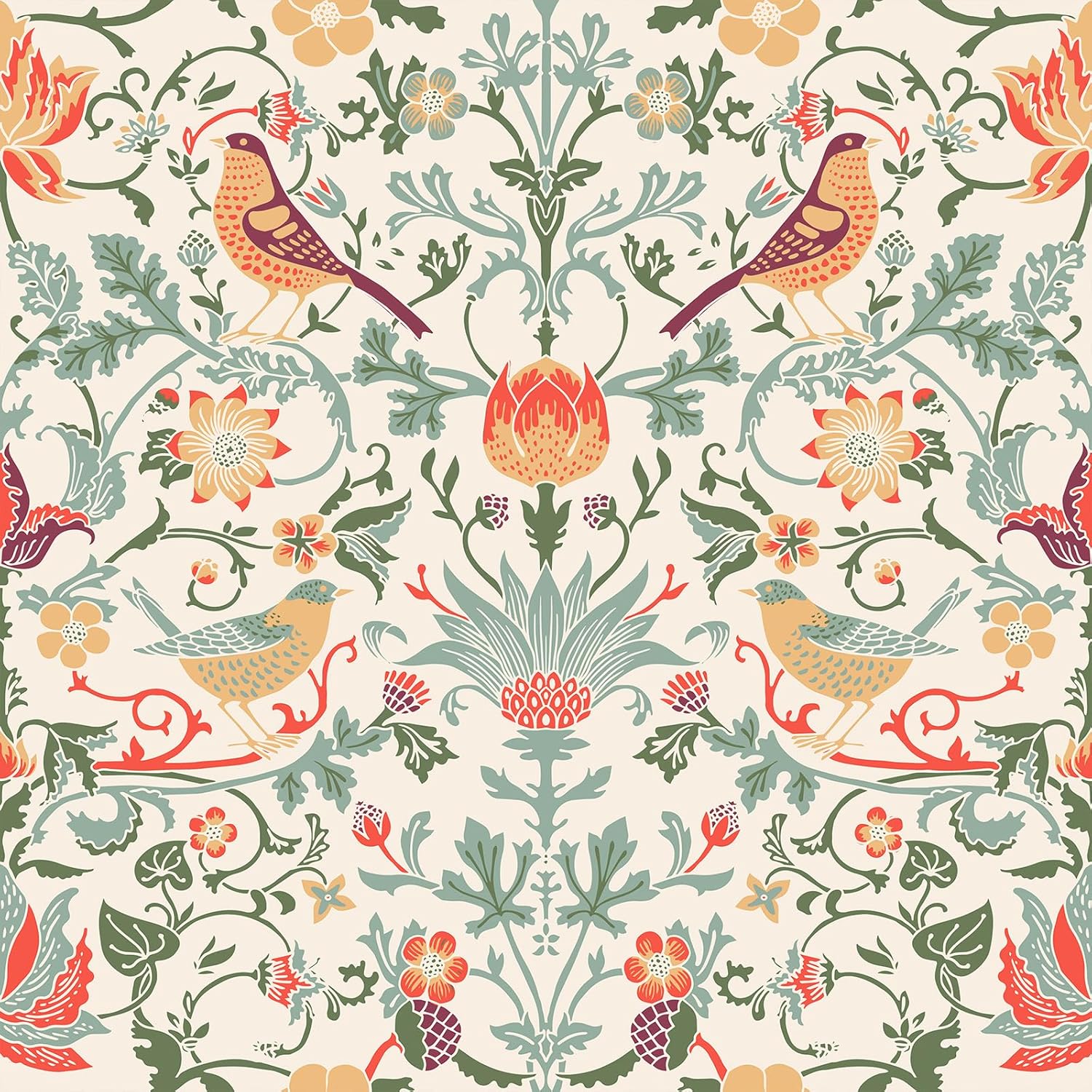 VEELIKE 17.7''x354'' Boho Bird Wallpaper Peel and Stick Vintage Strawberry Thief William Morris Wallpaper for Bedroom Removable Self Adhesive Floral Art Nouveau Wall Mural for Bathroom Living Room