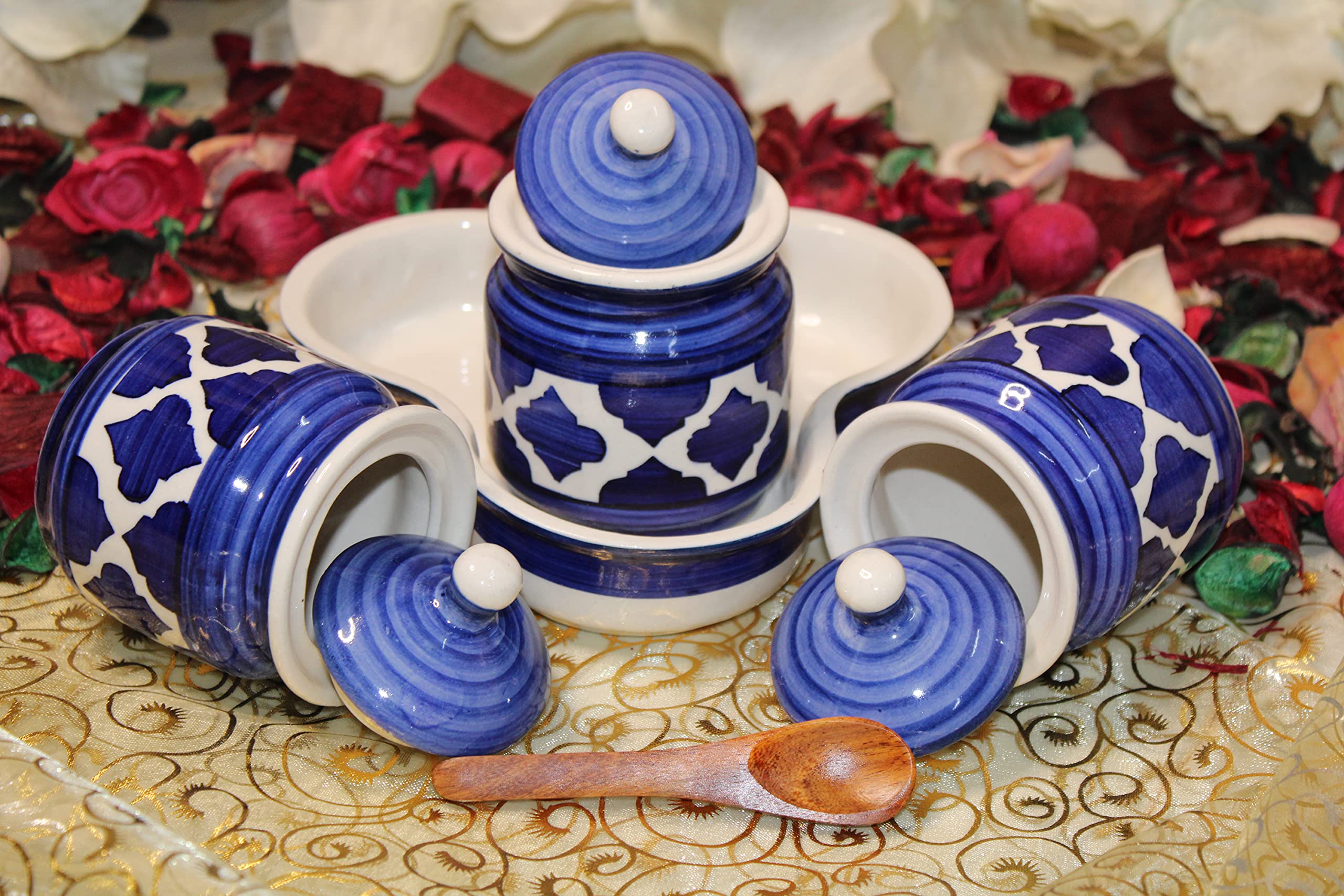 BERRYCRAVE Multipurpose Ceramic Chutney Pickle 3 Jar Set with Lids and Tray With Wooden Spoon Dining Table Set Barni storage Containers (200 ML per Jar x 3=Total 600 ML) Handmade - BLUE FLOWERS (B098FZWXYV) Amazon Price History, Amazon Price Tracker
