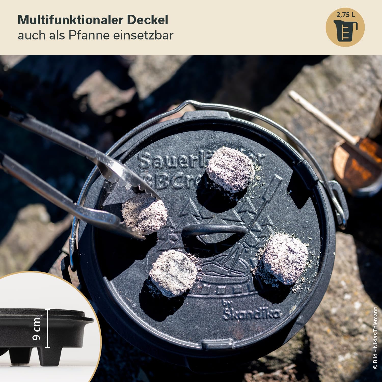 Skandika Dutch Oven der Sauerländer BBCrew 10,25 l, żeliwny garnek z emaliowanym naczyniem z książką z przepisami (może nie być dostępna w języku polskim), otwieracz do pokrywek i dodatki, nadaje się do mycia w zmywarce, z nóżkami, do grilla, na kemping