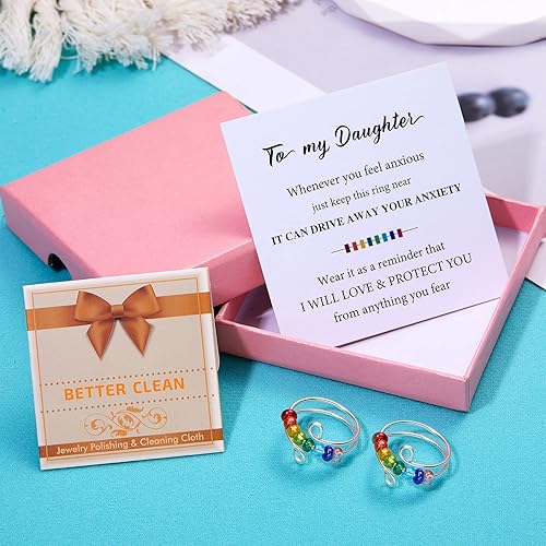 Miniatura 7 de Anillo para la ansiedad con texto en inglés "To My Daughter", diseño de arco iris, cuentas coloridas ajustables y abiertas, para aliviar la
