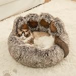 Jiupety Paw Shape Calming Pet Bed, Plush Faux Fur Donut Bed for Dogs & Cats, Machine Washable, Non-Slip Bottom, Medium (22"×22"×6"), Gray