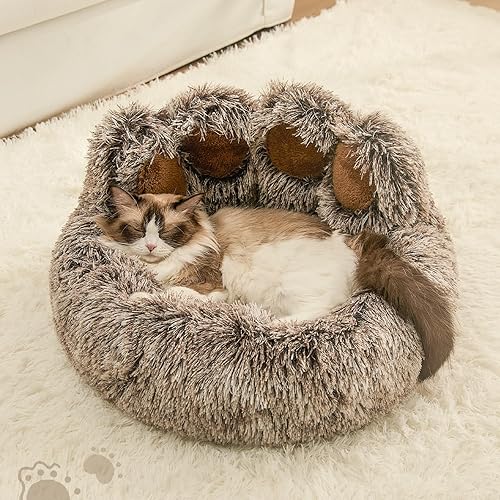 Miniatura 4 de Jiupety Cama calmante para mascotas en forma de pata, cama de felpa en forma de dona de piel sintética para perros y gatos, lavable a máquina, parte