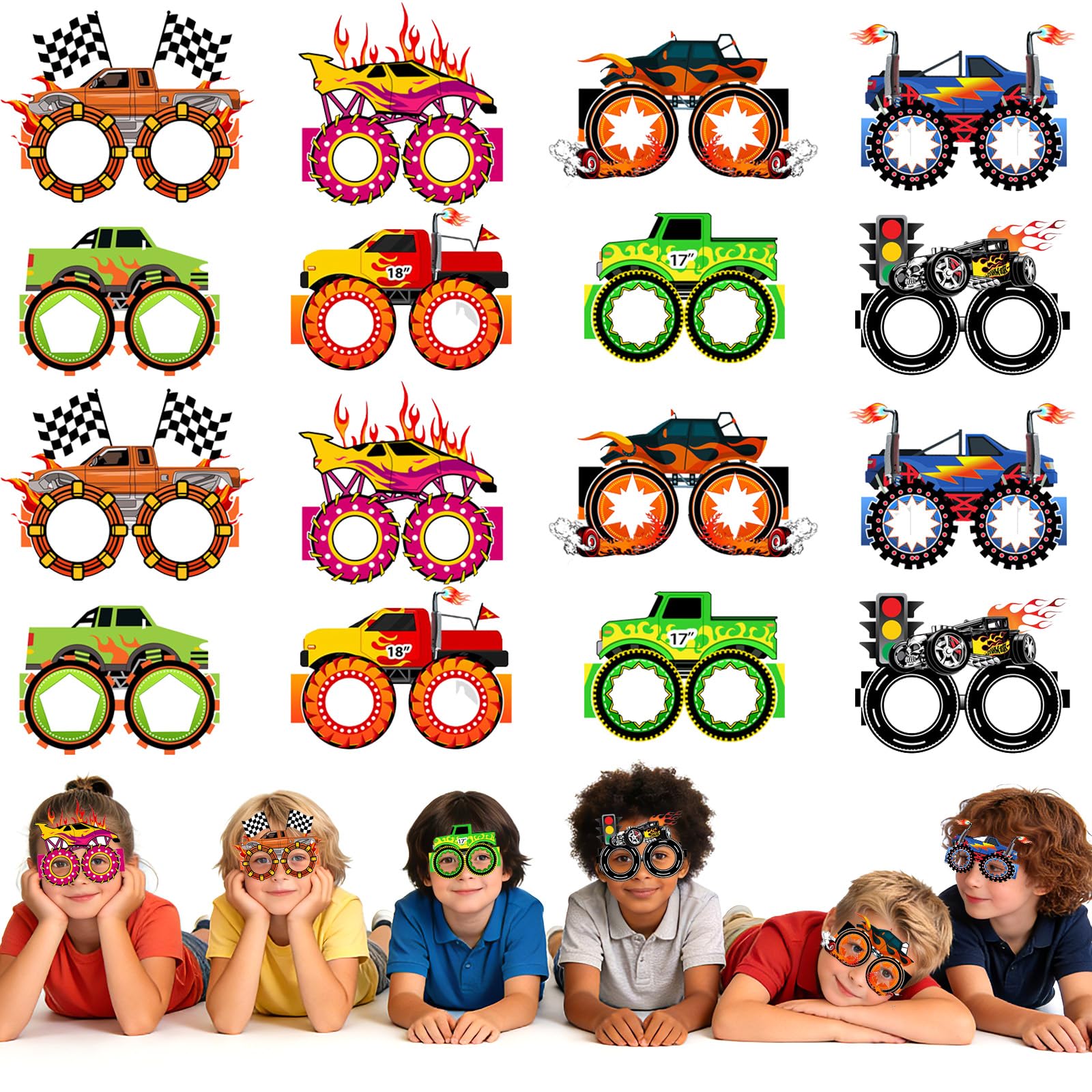 yumcute 16 Pack Paper Glasses Monster Truck Style Huge Wheels Kids Carnival Fancy Dress Birthday Party Craft Set Party Bag Fillers Costume Accessory Cool Stunt Glasses