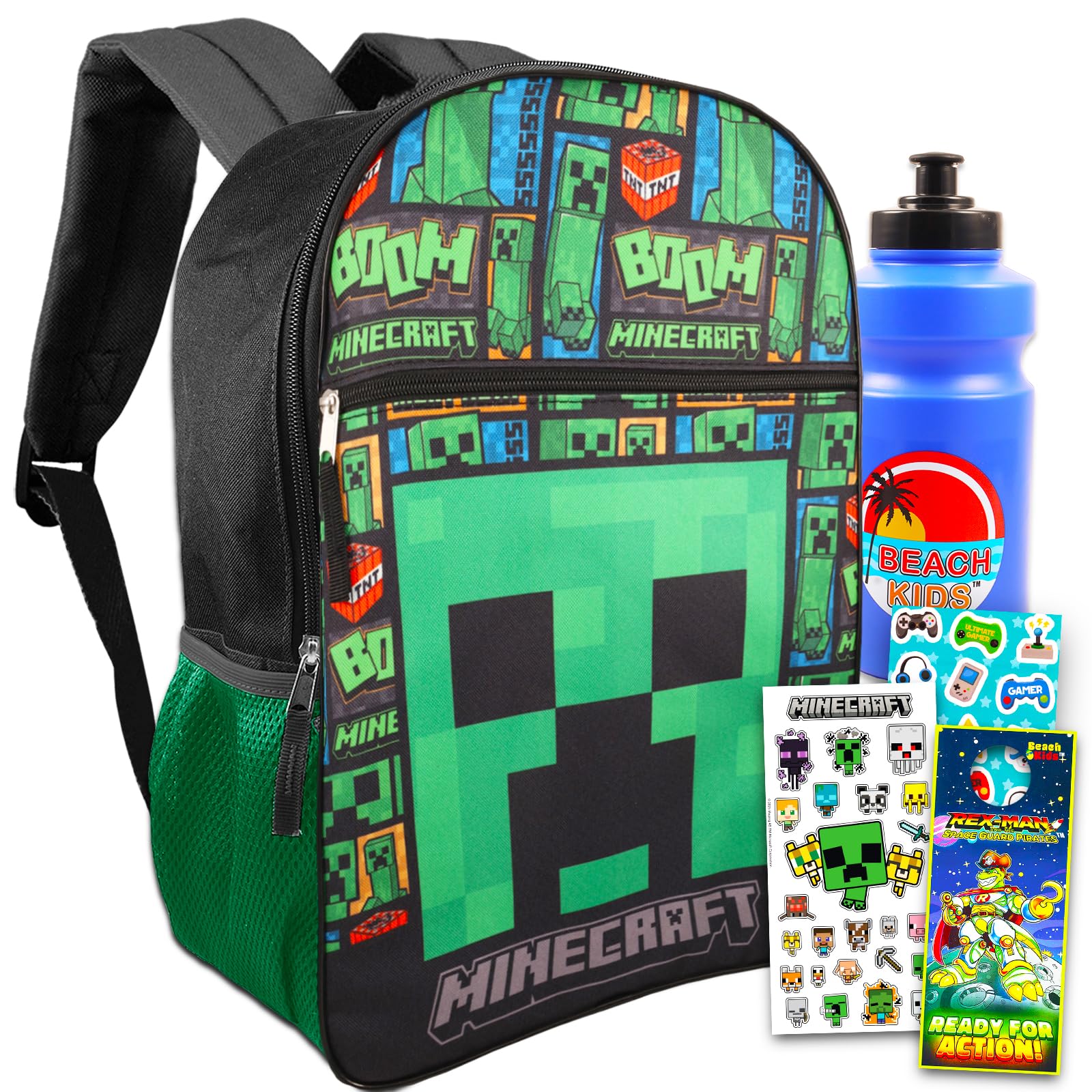School Supplies for Kids - Bundle with 16" Minecraft Backpack for School and Travel Plus Stickers, Water Bottle, and More (Minecraft Bag)