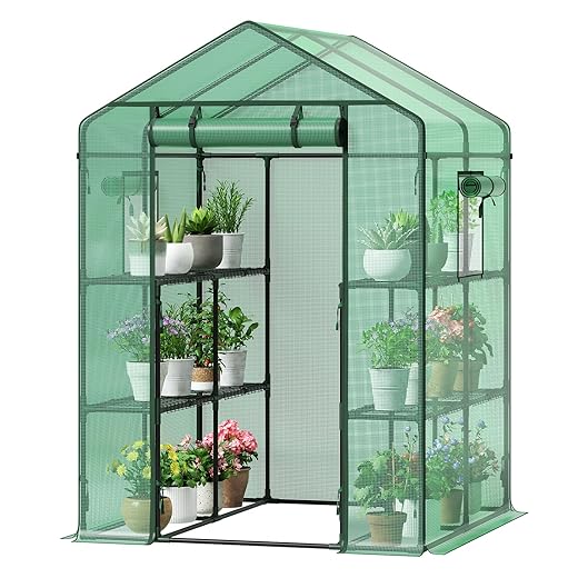 GreatBuddy Walk-in Greenhouse for Outdoors, High-Density PE Plant Cover with 2 Tiers of 8 Shelves, 4.5x4.5x6.5ft, Perfect for Plant Growing, 4 Ropes and Stakes Included