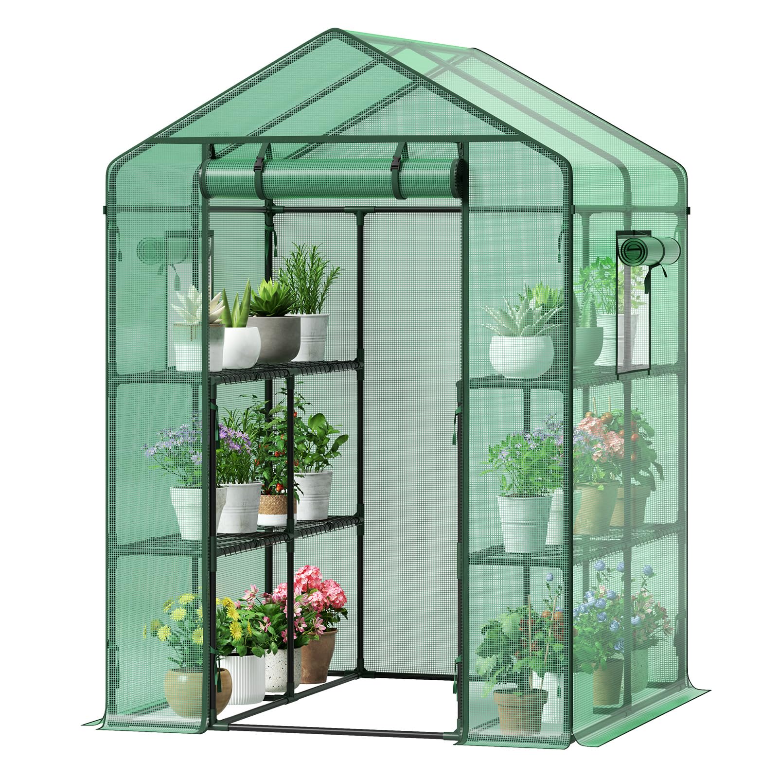 GreatBuddy Walk-in Greenhouse for Outdoors, High-Density PE Plant Cover with 2 Tiers of 8 Shelves, 4.5x4.5x6.5ft, Perfect for Plant Growing, 4 Ropes