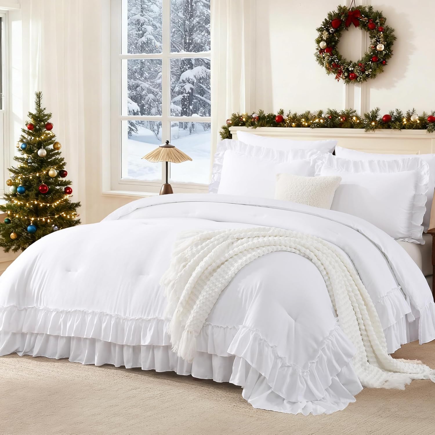Andency White Ruffle Comforter Full Set, 3pcs Vintage Farmhouse Shabby Chic Bedding Comforter Set, Soft Lightweight Fluffy Bed Comforter Sets All Season Bedding Set White Full(79"x90")