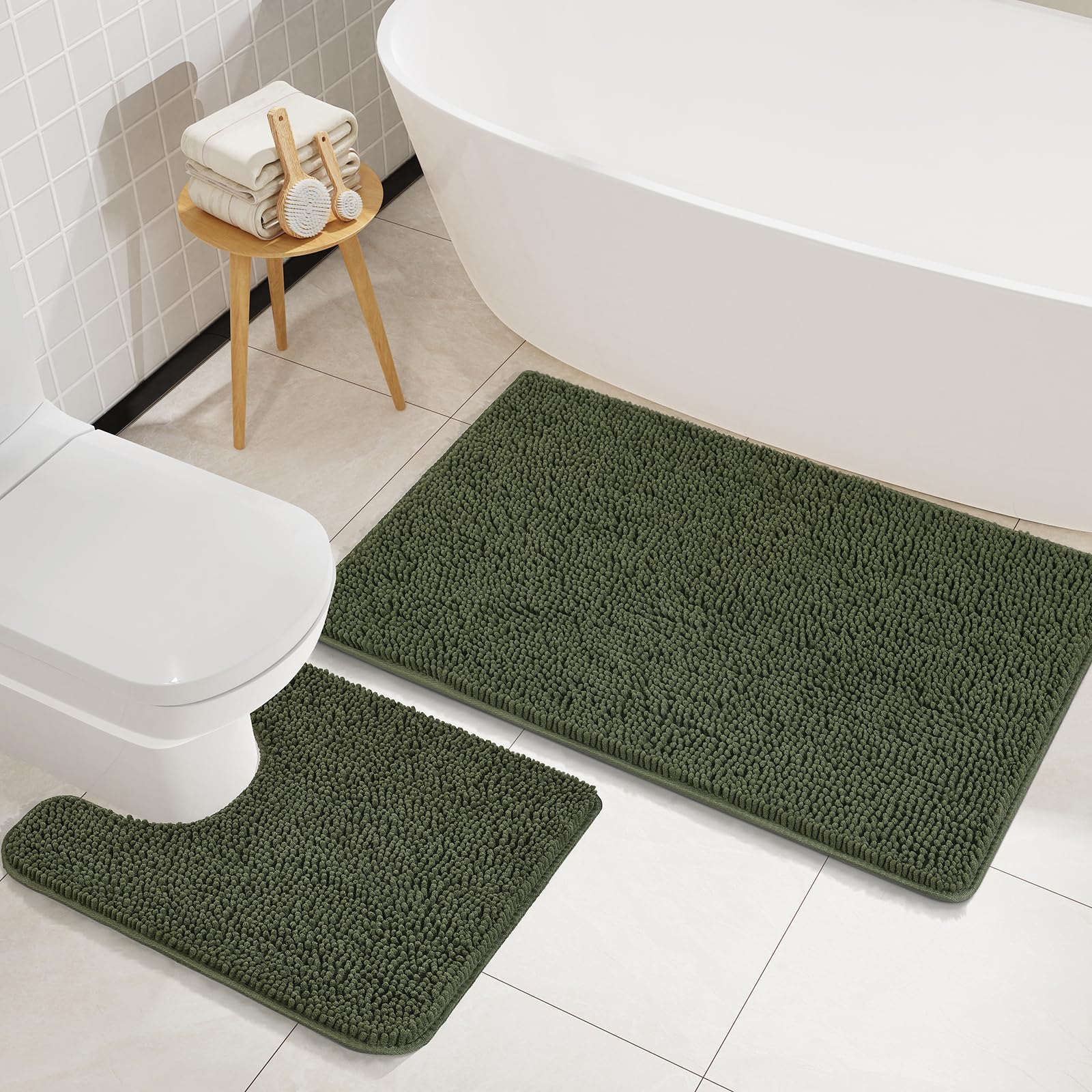 LOCHAS Bathroom Rugs Sets 2 Piece, Soft Non Slip Bath Mat Set, 20''x20'' U-Shaped Toilet Rug and 34''x21'' Olive Green Bath Rugs, Washable Absorbent