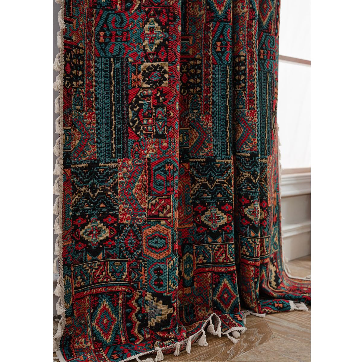 Bohemian Vintage Vorhänge Geometrisch Blickdicht Gardinen Rot Leinenoptik Boho Jacquard Baumwolle Vorhange mit Quaste Rod Pocket für Wohnzimmer Schlafzimmer 1 Stück B150×H240cm