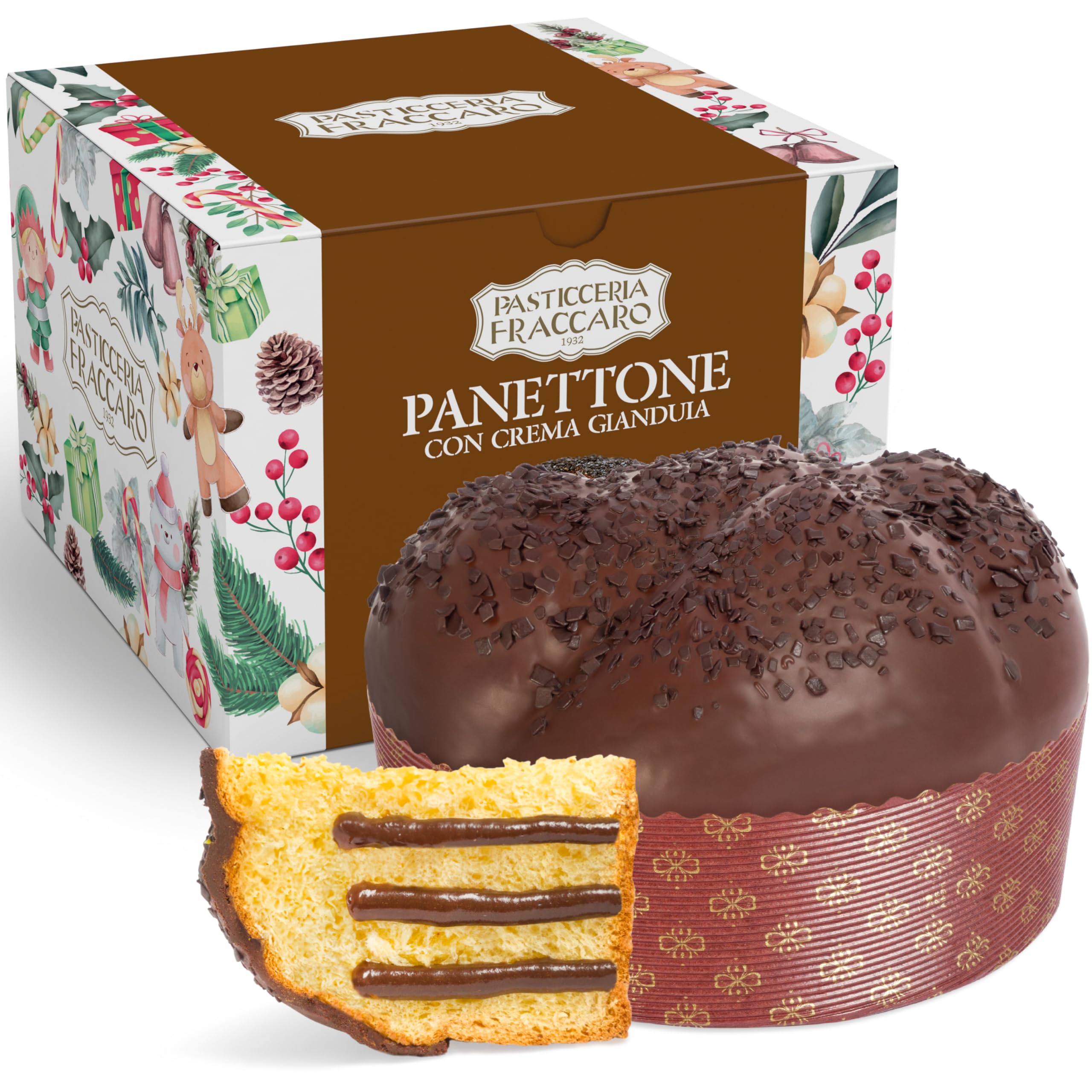 Gianduia Panettone Italian Cake from Italy (26.4 Oz - 750 Gr) Pasticceria Fraccaro 1932, Italian Christmas Cake, Stuffed with rich Gianduia Cream, Naturally Leavened, Christmas Gift Case