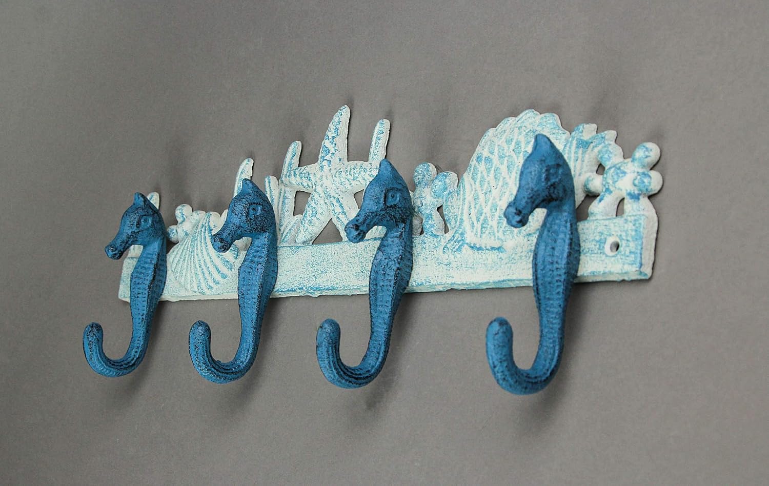 Zeckos Enchanting Blue and White Cast Iron Seahorse Nautical Sea Life Decorative Wall Hook, Towel Hanger or Coat Rack - Perfect Beach Home and Coastal Accent