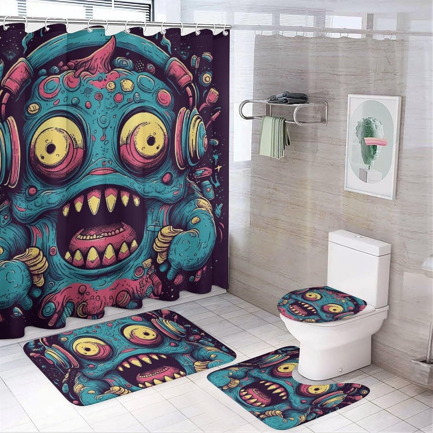 Love Music Monster Shower Curtain Set 4 Piece, Non-Slip Bath Mat with Toilet Lid Cover and Waterproof Shower Curtain with 12 Hooks, Complete Bathroom Set for Home Decor