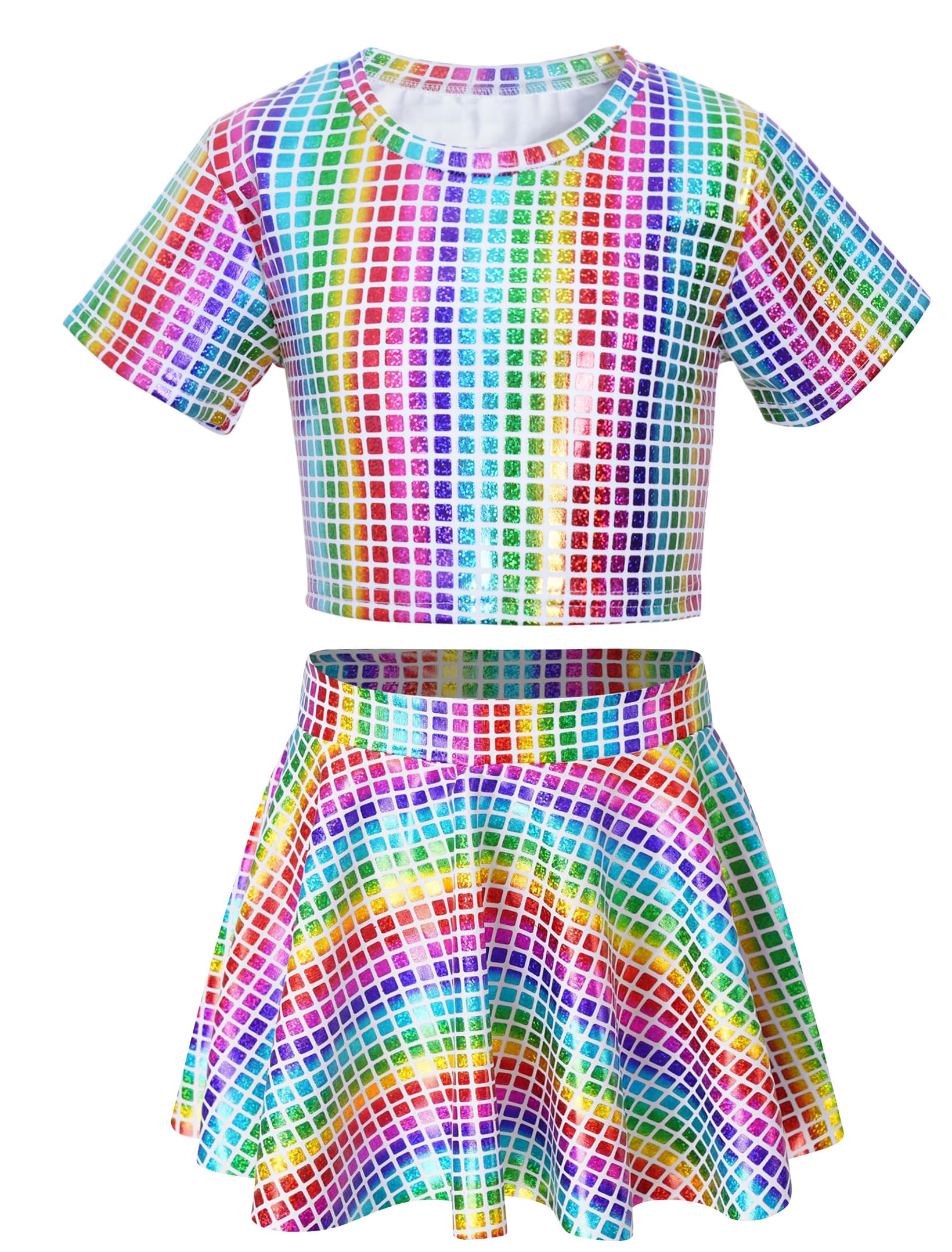 Sequin Top for Girls with Shiny Skirt Disco 0utfit Metallic Dress Performance Kids 3-13T