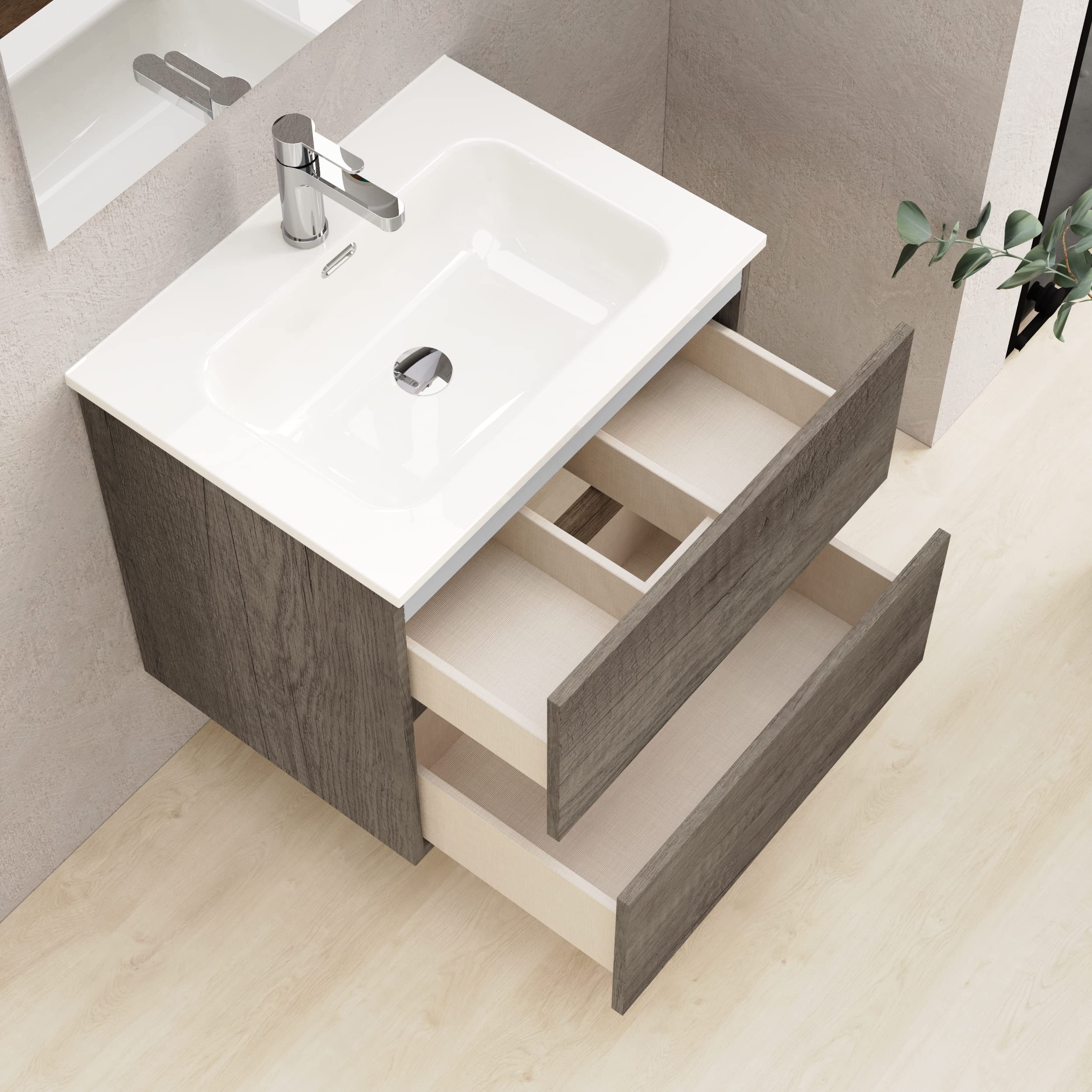 Baikal Mueble de Baño Dos cajones, suspendido a la Pared con Lavabo. Melamina 16. Mueble montado. Mueble de 50cm Nebraska Sin Espejo