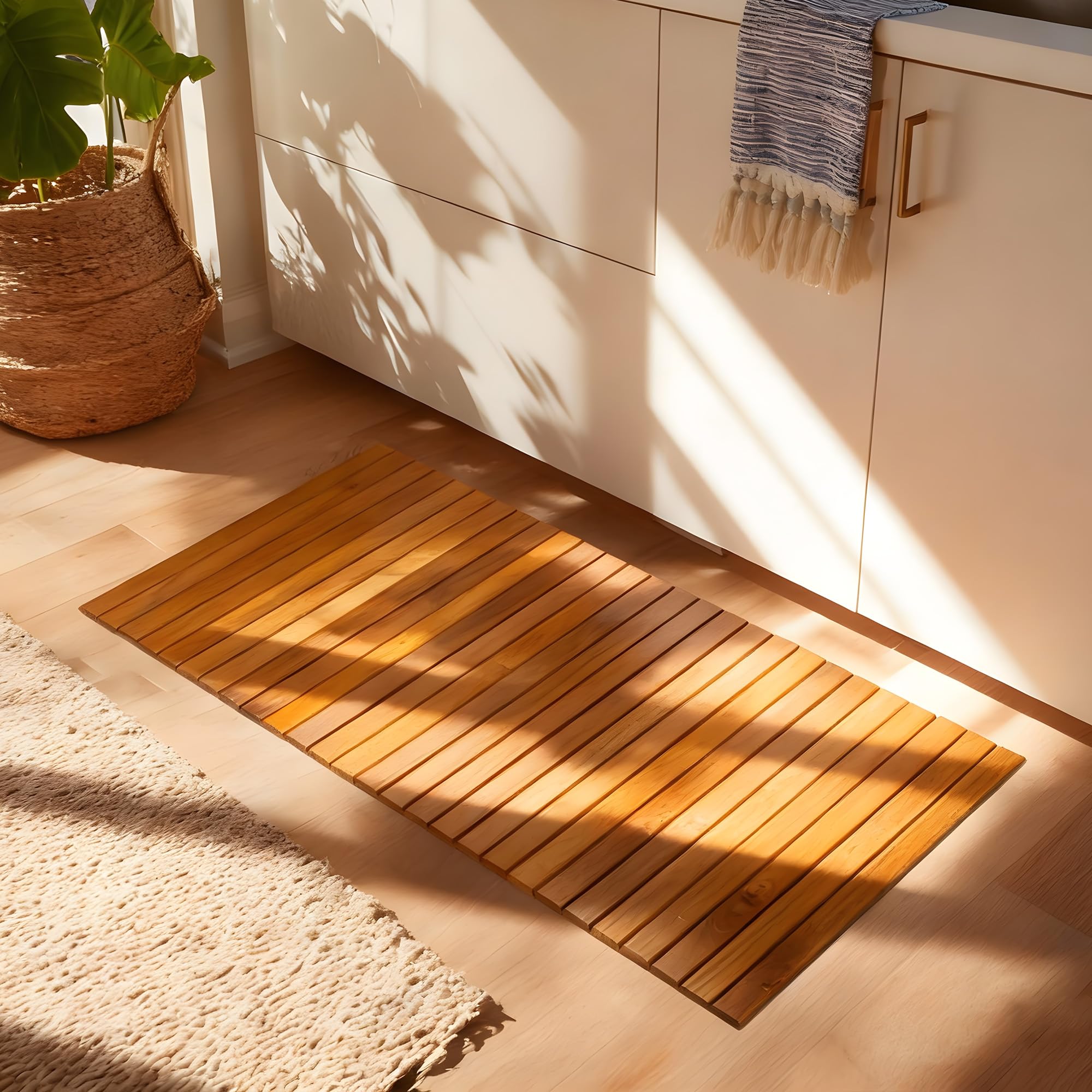 Utoplike Tappetino da cucina in teak ，con retro in gomma antiscivolo | Tappetini in legno arrotolabili per stare in piedi sul lavello, sul piano cottura o sul bancone, per l'ingresso