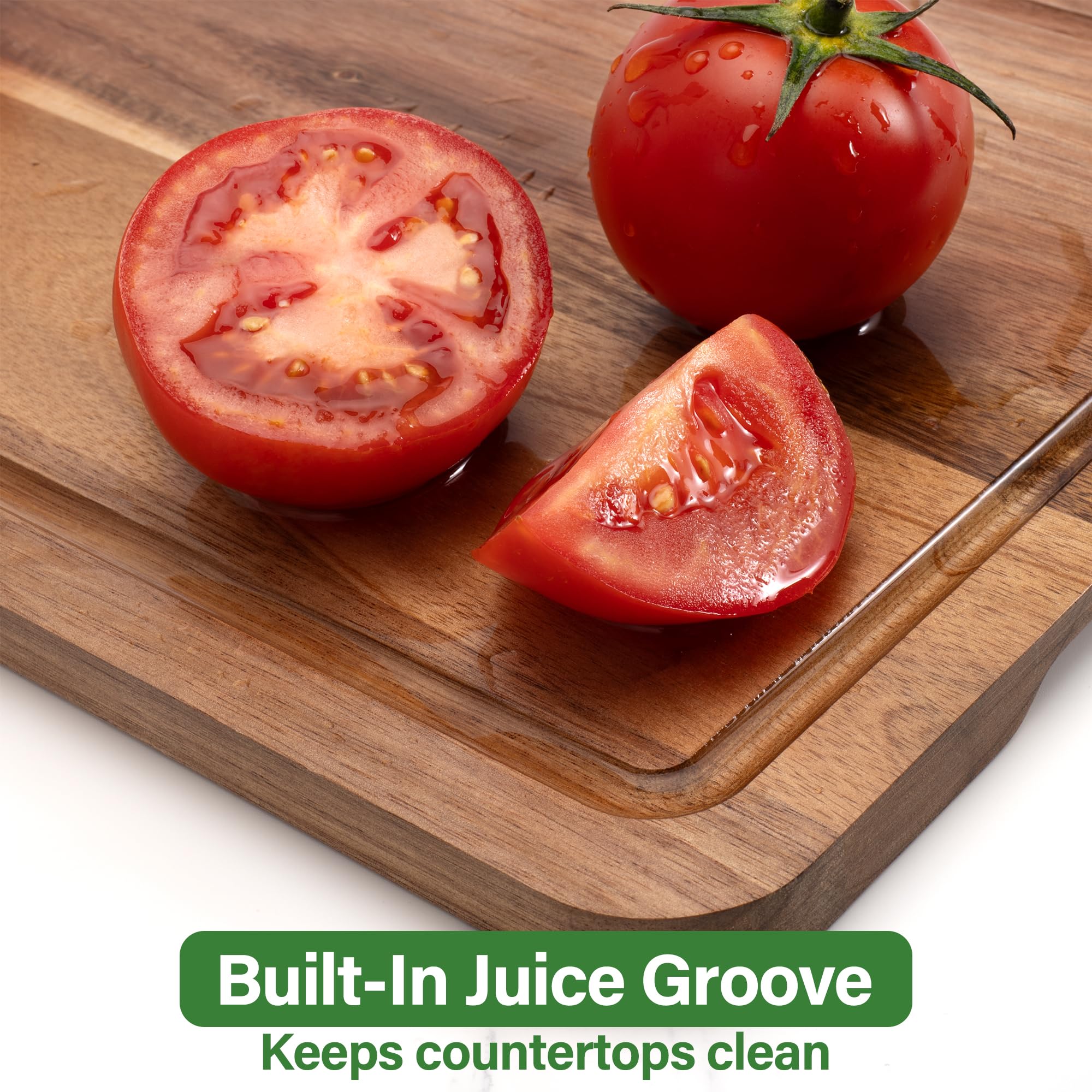 Set de 3 Planches à Découper en Bois d'Acacia avec Rainure pour Jus, Support et Couteau à Fruits Offerts, Planche à Découper Double Face pour Viande, Légumes et Fromage.