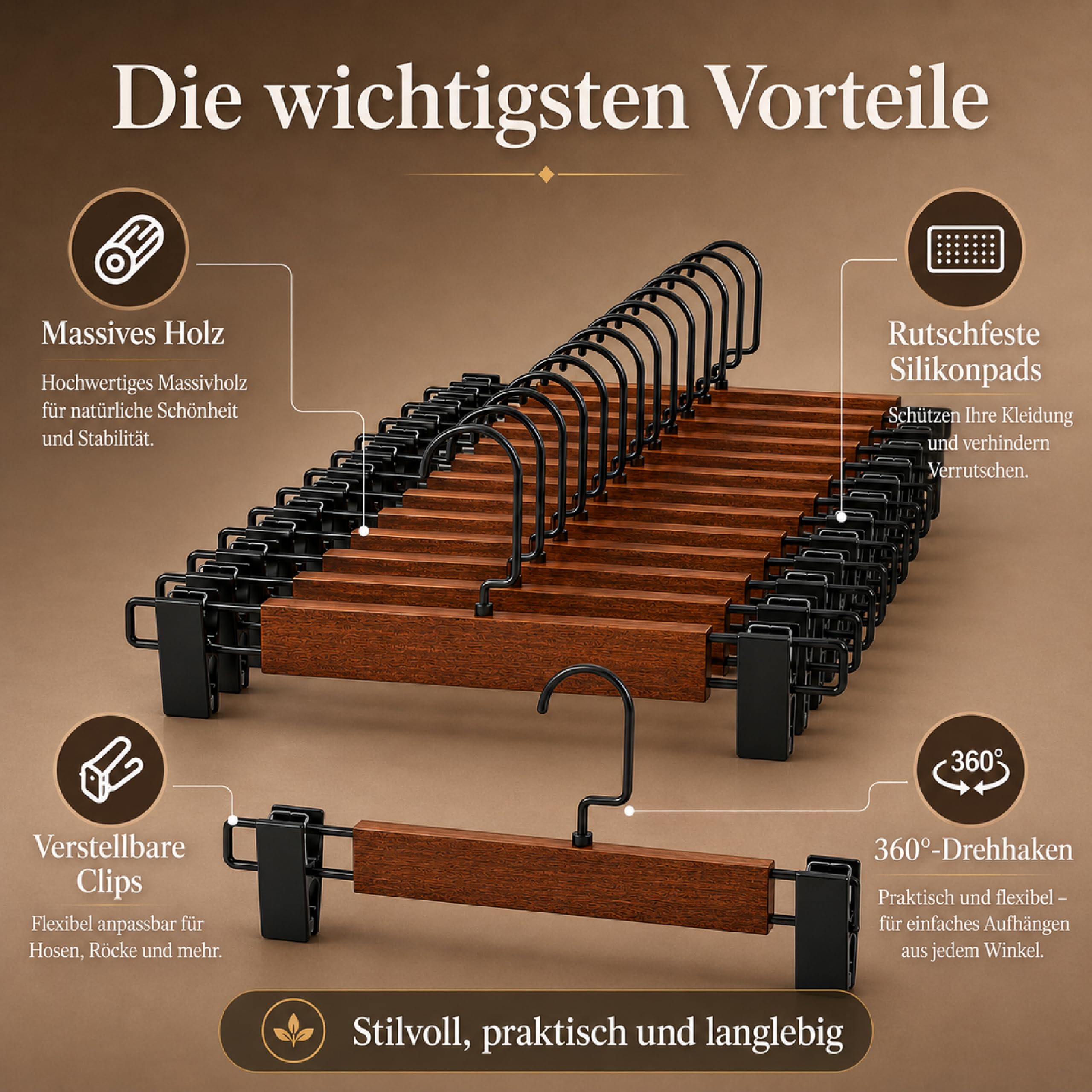 30 Stück Hosenbügel Holz mit Verstellbaren Clips, Rockbügel Walnuss