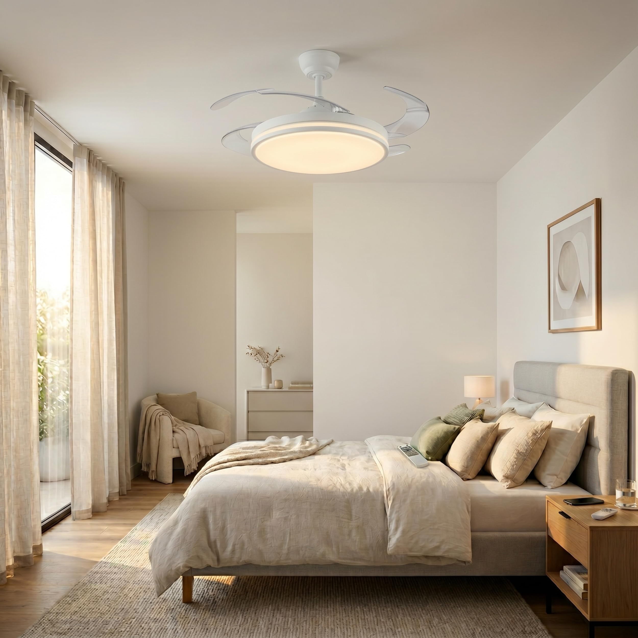 YATEK Rubina Bianco - Ventilatore da soffitto con pale retraibili, motore DC silenzioso, LED 60W 6980 lm regolabile, 6 velocità, telecomando, funzione estate inverno, 107 cm