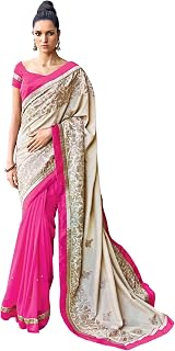 Anvi Creations Cream Pink Embroidered Georgette Satin Saree (Cream_Free Size)