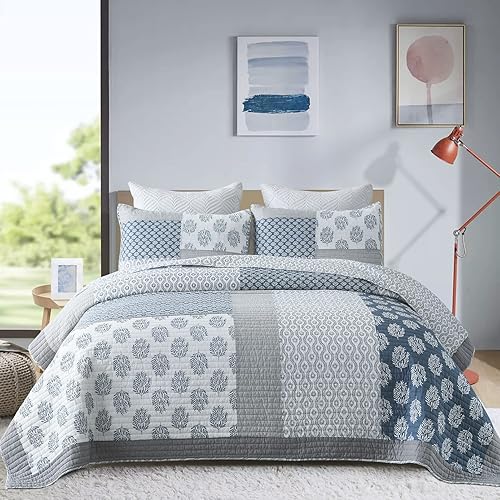 Y-PLWOMEN Edredón tamaño King 100 algodón ligero suave acolchado azul gris y blanco juego de ropa de cama reversible de retazos para todas las