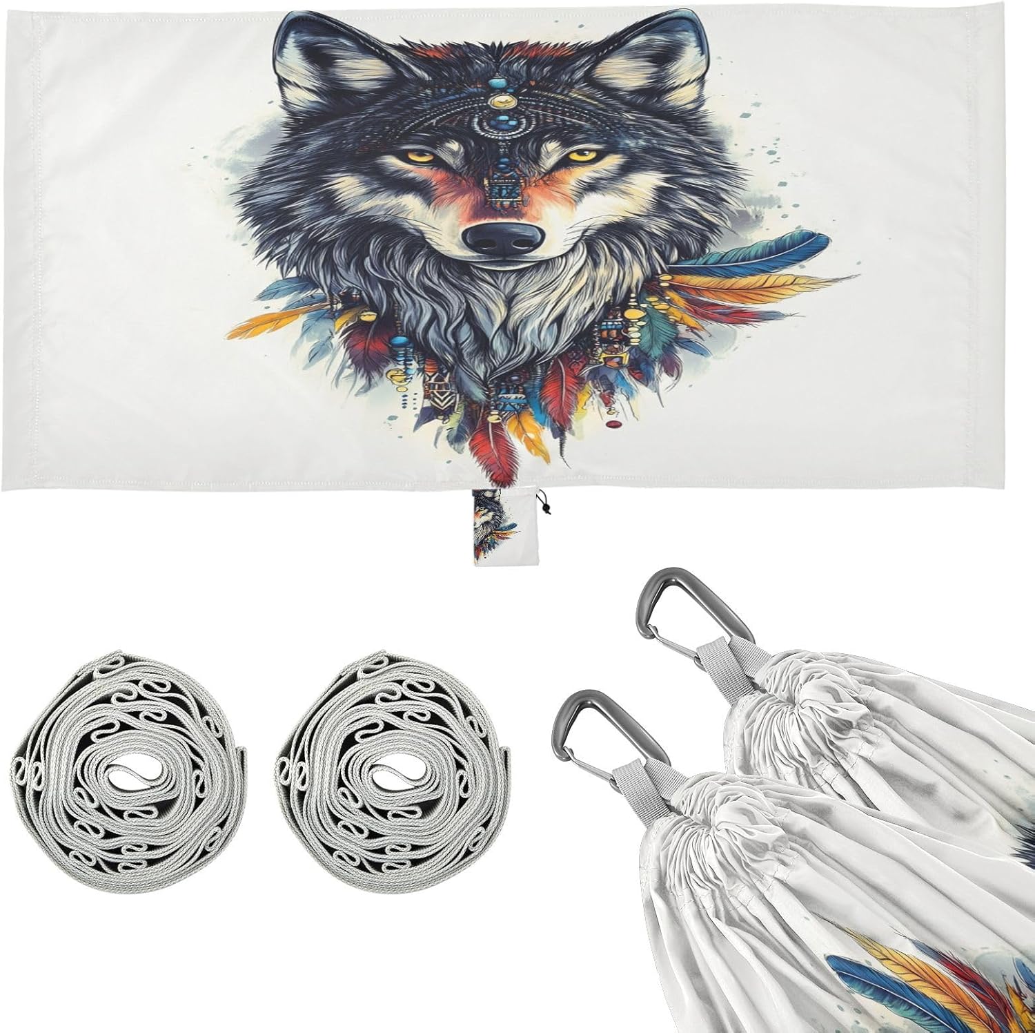 ALAZA Boho Wolf Potrait Camping Hammocks Single or 2 Person 500 lbs Portable Parachute Travel Hammock w/Tree Straps for Hiking Backpacking Indoor Outdoor