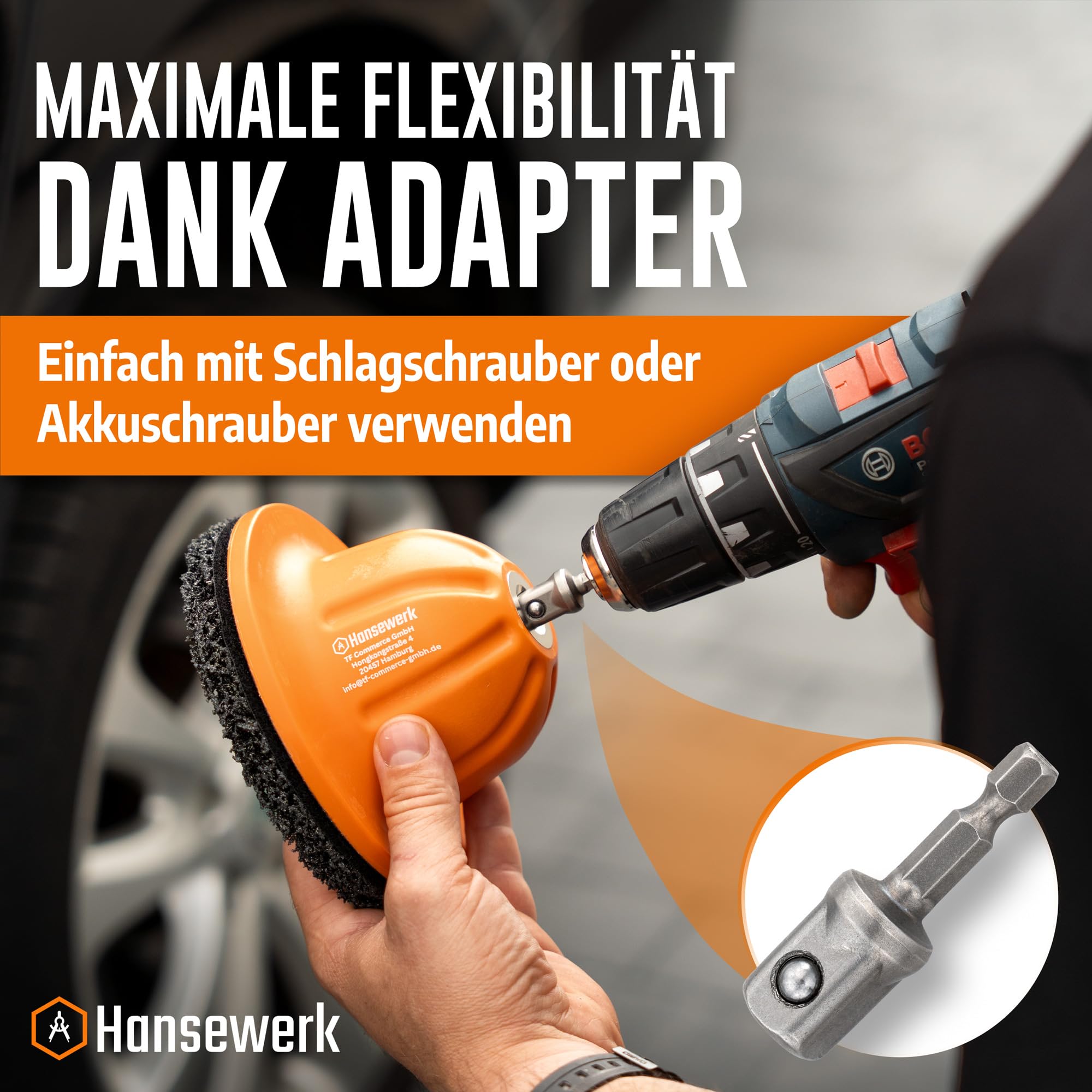 Radnabenschleifer mit Akkuschrauber-Adapter inkl. 90-150 mm Silizium-Karbid-Scheibe Auto Reifenwechsel & Felgenreinigung 1/2" Schlagschrauber Vierkantantrieb Radnabenreiniger Nabenschleifer