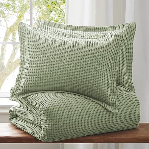 Miniatura 6 de Levtex Home - Juego de funda de edredón Mills Waffle Desert Sage - Funda de edredón matrimonialQueen + dos fundas de almohada estándar - Tejido de