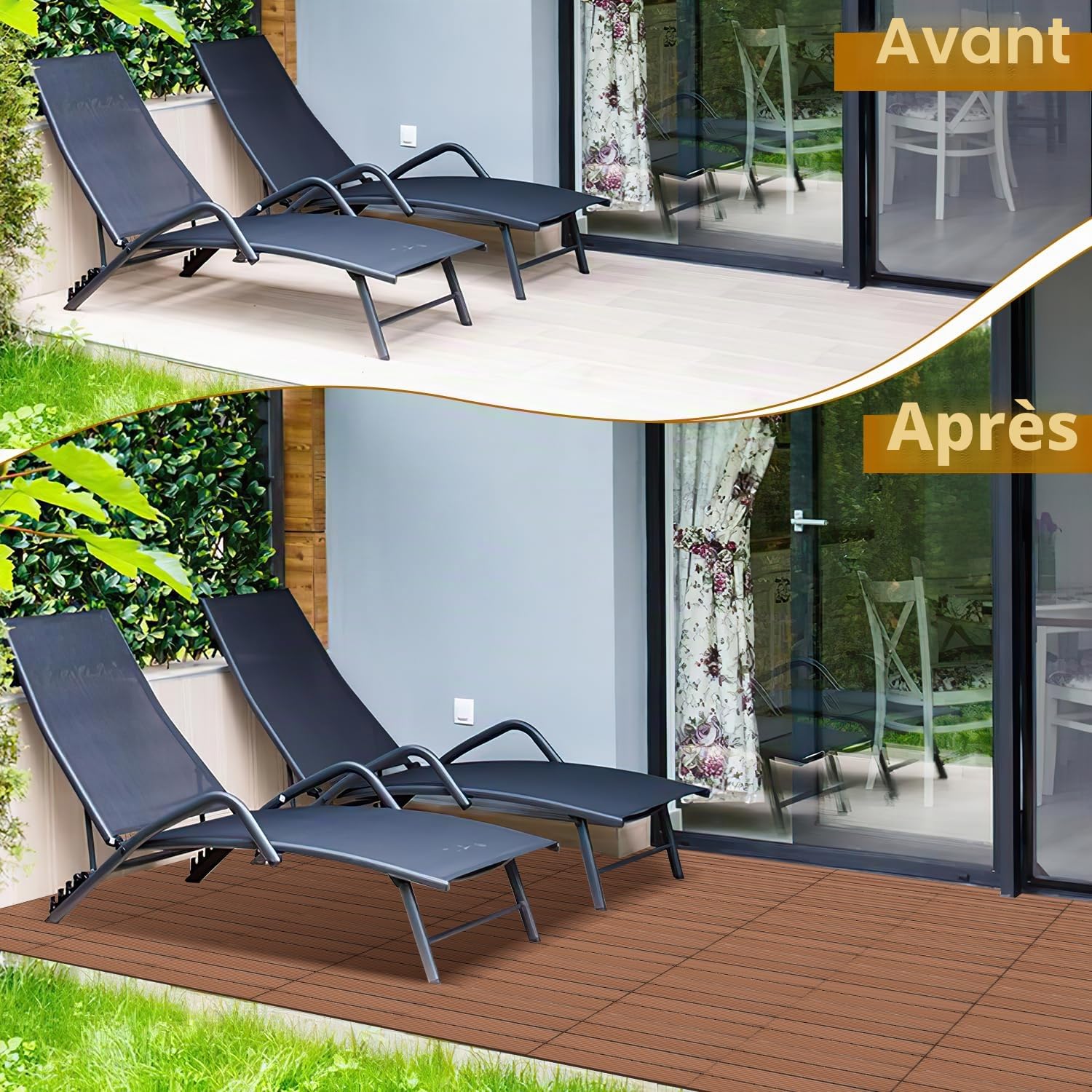 Lospitch Dalles de terrasse WPC 30 x 60 cm - Lot de 6 dalles en bois pour 1 m² - Aspect bois - Pour jardin, balcon, terrasse - Avec système de drainage et de clic
