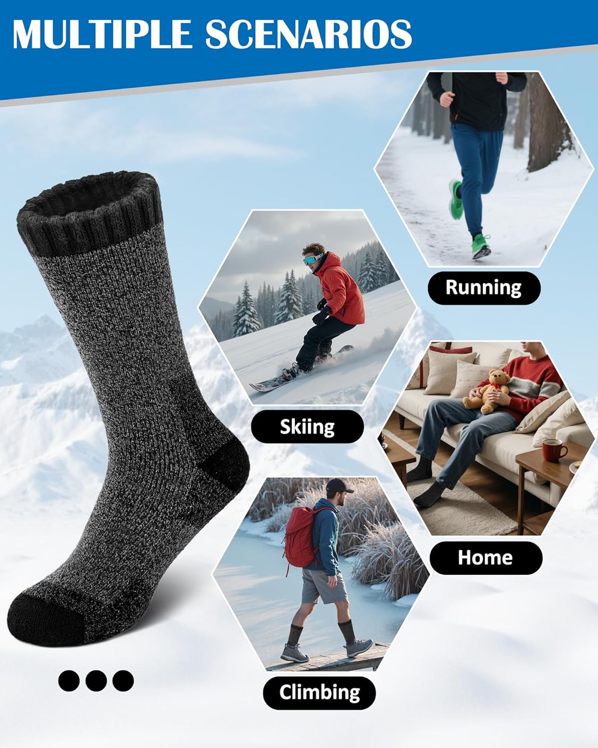 Senker Fashion Merino Wool Socks for Men Women, Hiking Thermal Warm Thick Crew Sock for Winter Outdoors Work 3 Pairs - Image 6