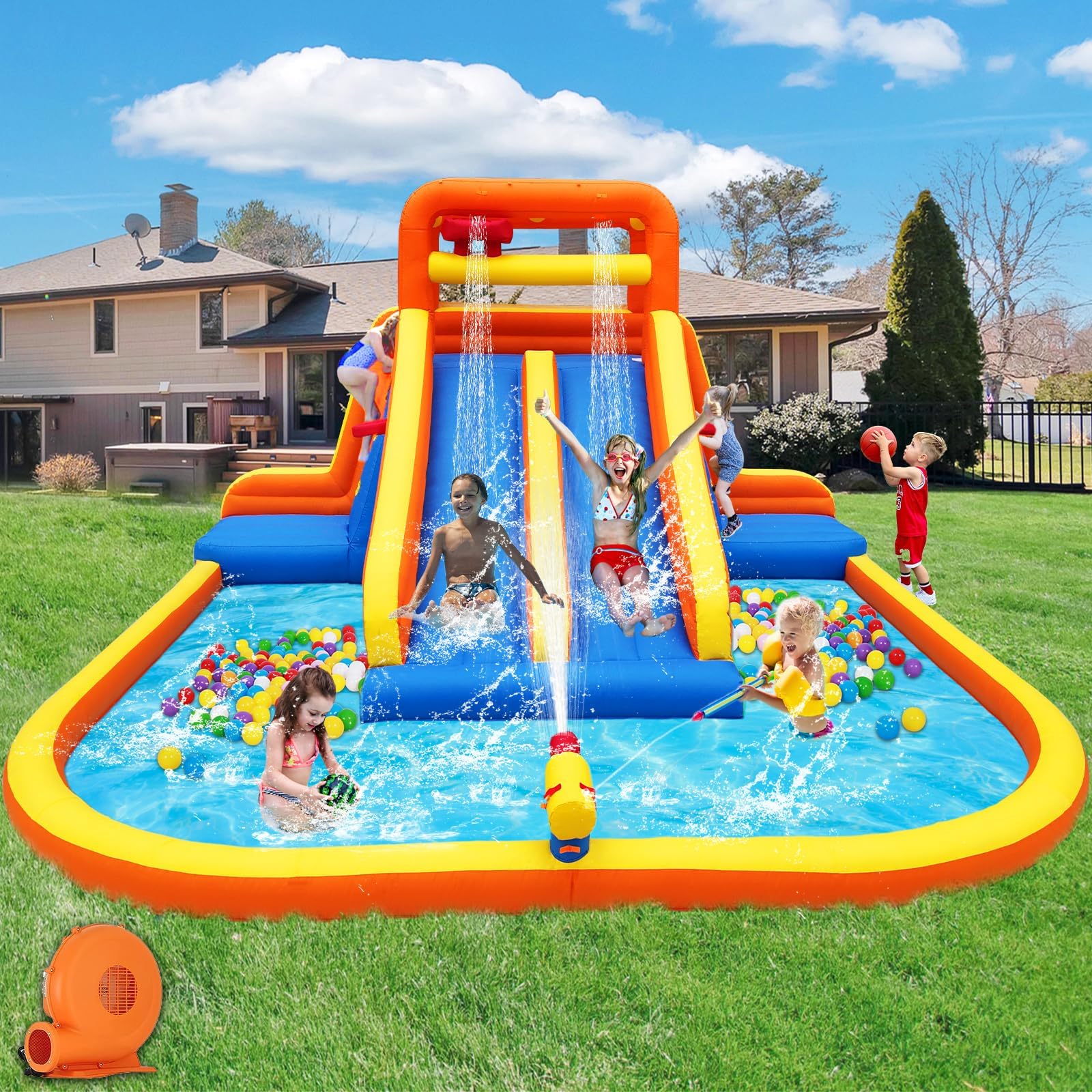 15.6 x 15FT Giant Water Slide Park for Big Kids with Tall Dual Slides & Climbing Walls, Backyard Inflatable Water Park with Large Splash Pool, Tunnel and 2 Basketball Hoops - for Kid's Party