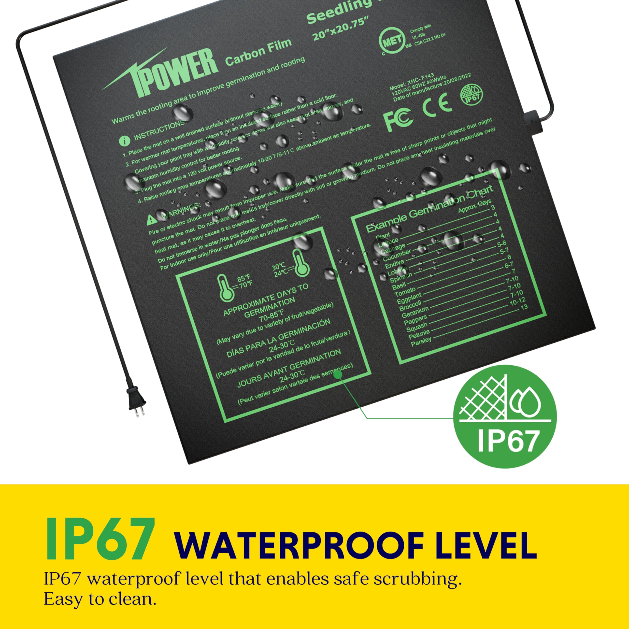 iPower Tapis Chauffant pour semis de 50,8 x 52,7 cm avec contrôleur de température intégré, Coussin Chauffant imperméable certifié MET, pour Germination, Reproduction, Brassage