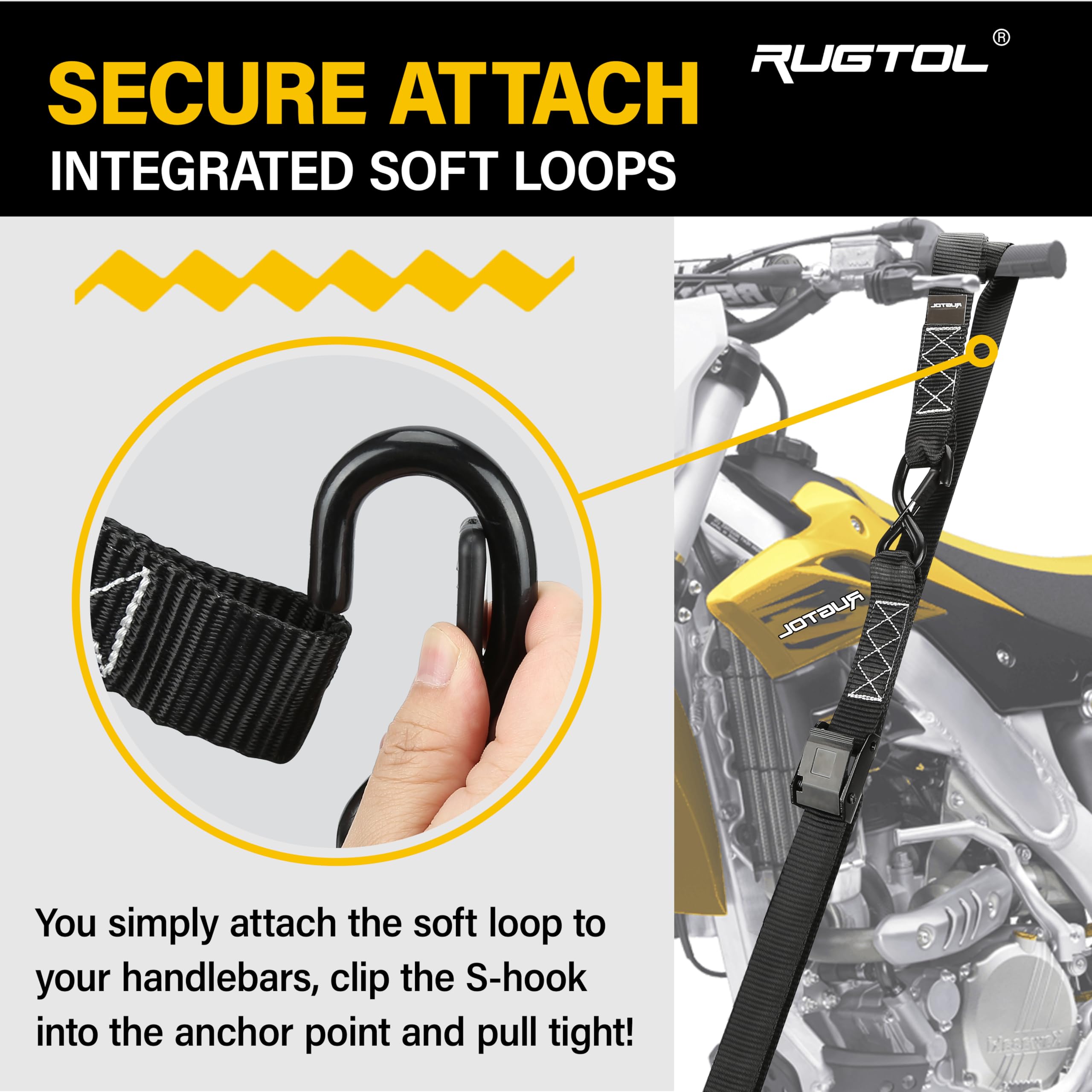 Rugtol Cinghie di fissaggio per moto, 3,8 cm x 3,8 m, cinghie con fibbia a camma con ganci a S integrati, morbidi passanti integrati, resistenza alla rottura di 707,6 kg, resistenti, per fissare moto,