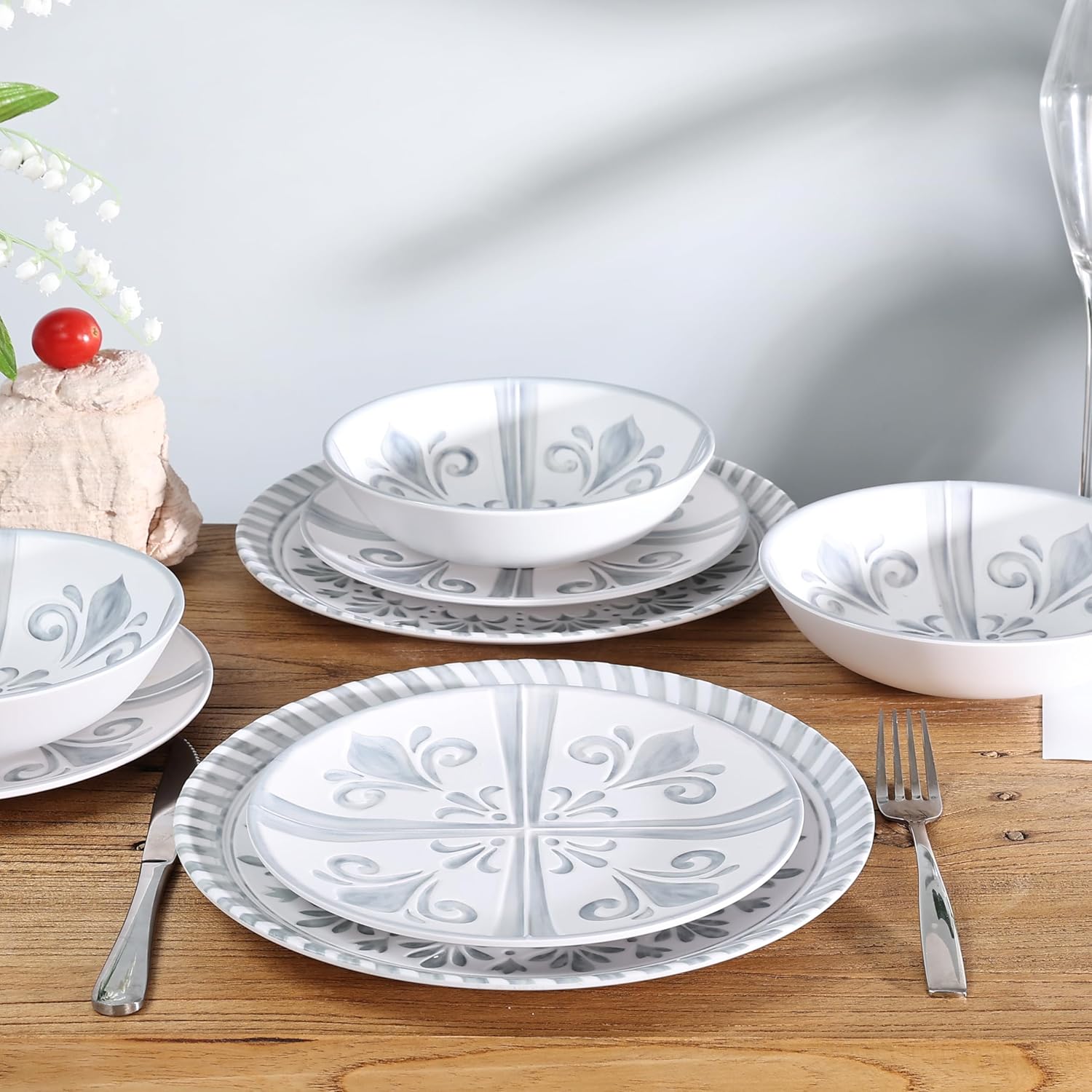 Melamine Dinnerware Set,12pcs Embossed Plates and Bowls Sets, Plastic Dinnerware Dishes Set for 4, Lightweight, Unbreakable, Dishwasher Safe,White&Grey