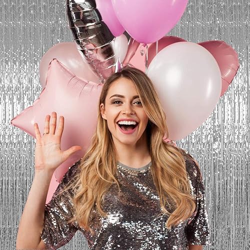 Miniatura 4 de CCINEE Cortina de telón de fondo de flecos de papel de aluminio, cortina decorativa de oropel metálico plateado para fiesta de cumpleaños, paquete