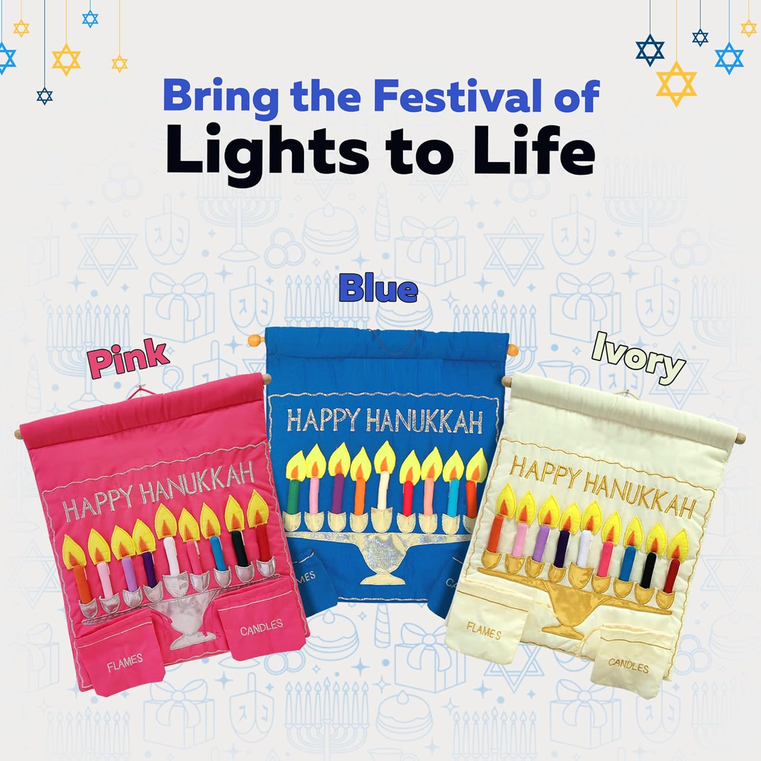 Ivory Happy Hanukkah Jewish Menorah Wall Hanging by Pockets of Learning | Festive Hebrew Holiday Décor, Judaica Fabric Advent Calendar | Chanukah Cloth Countdown with Candles and Pouch (Cream)