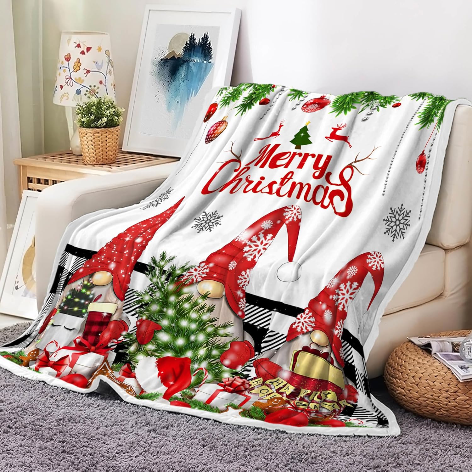 Christmas Throw Blanket, Cute Gnomes Snowflake Winter Christmas Fleece Blanket, Xmas Trees Soft Plush Warm Cabin Throw for Couch Sofa Bed Decor, 60 x 80 Inch