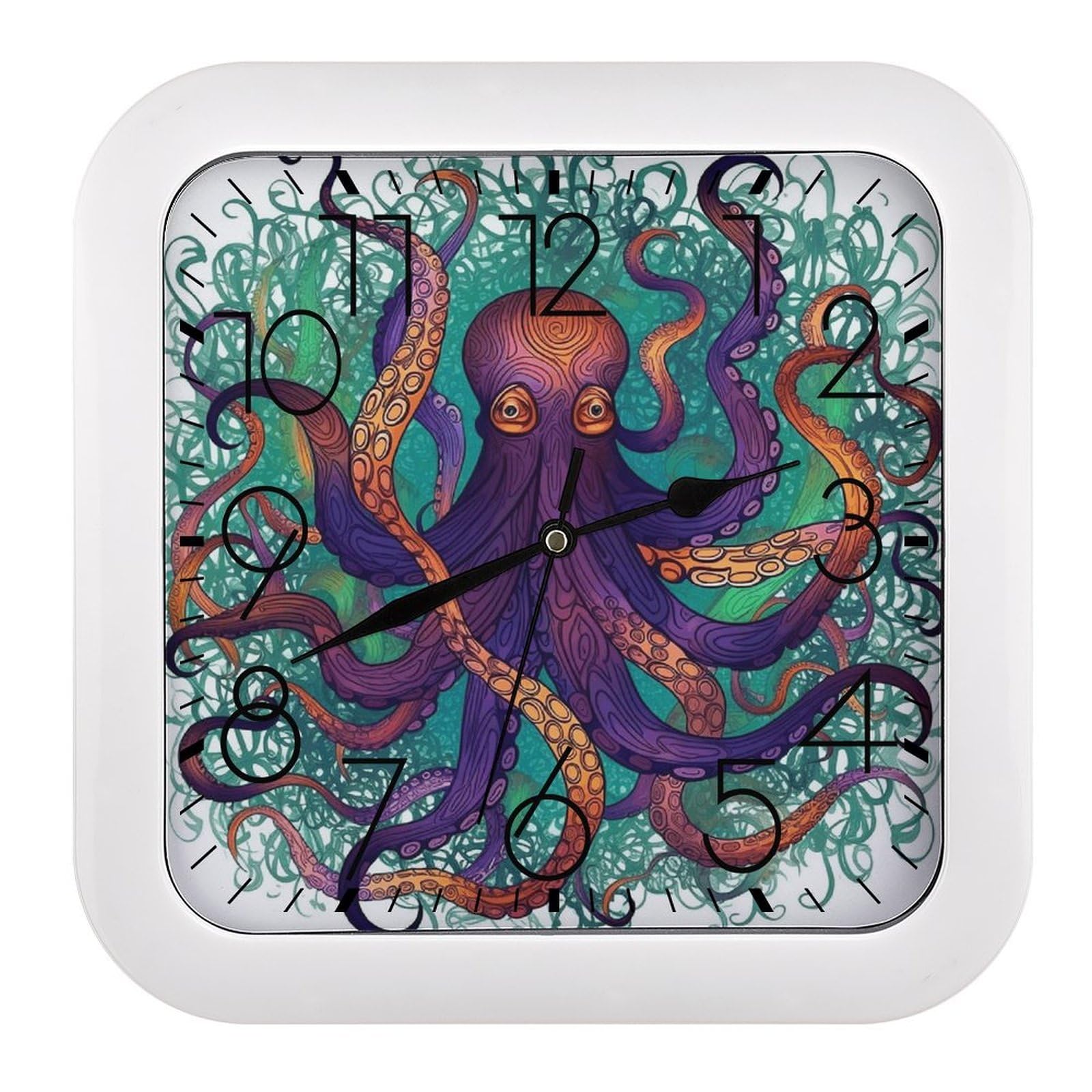 MUSM 10.2 X 10.2 Inch Modern Colorful Octopus Wall Clock Battery Operated High Accuracy Decorative Square Clocks for Kitchen Bedroom Living Room Home Office Porch