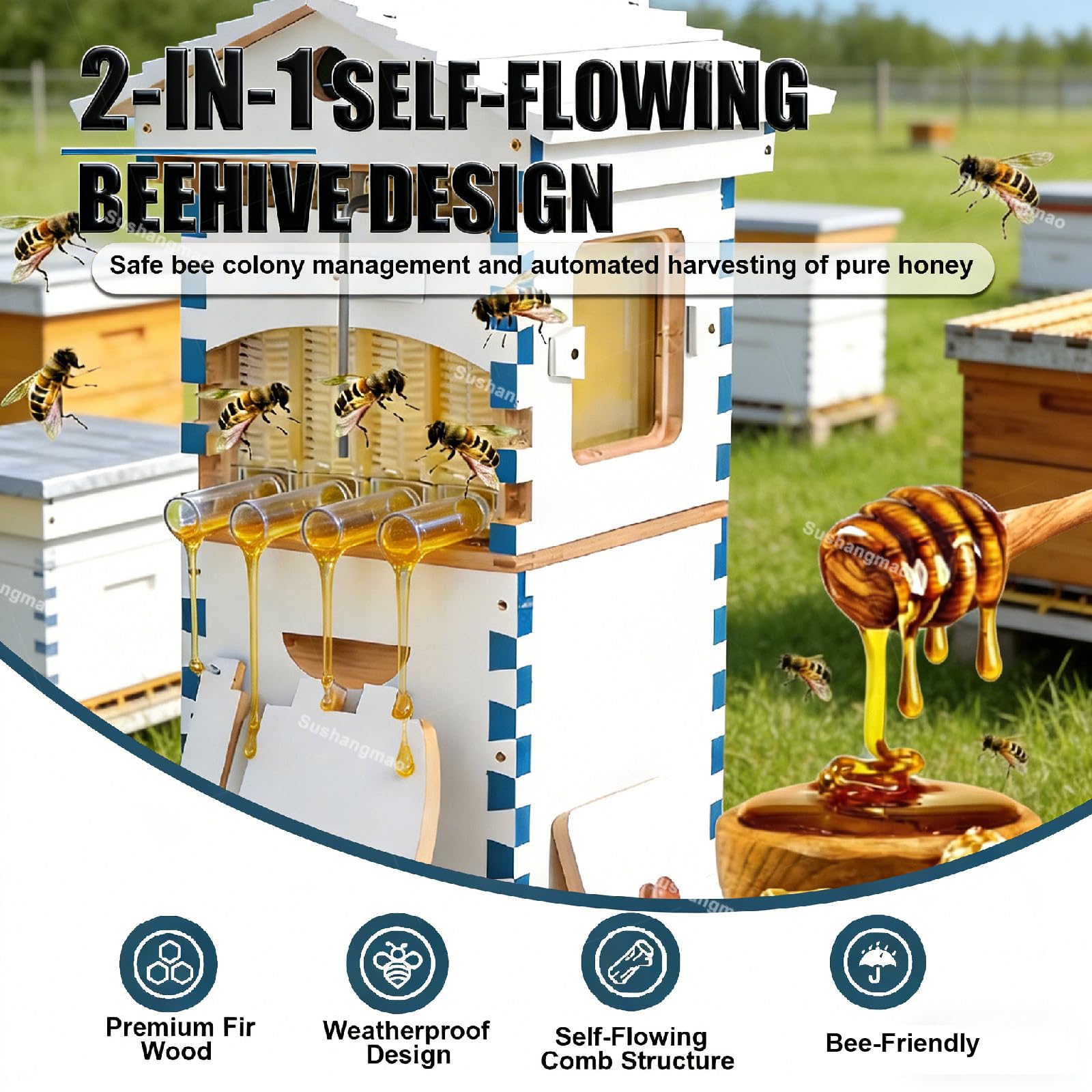 Kit per Arnia Automatica in Legno, 4/7 Telaini A Flusso Automatico con Finestra di Osservazione, Arnia Automatica per Api da Miele in Legno di Abete Resistente Rivestito di Cera 4frame