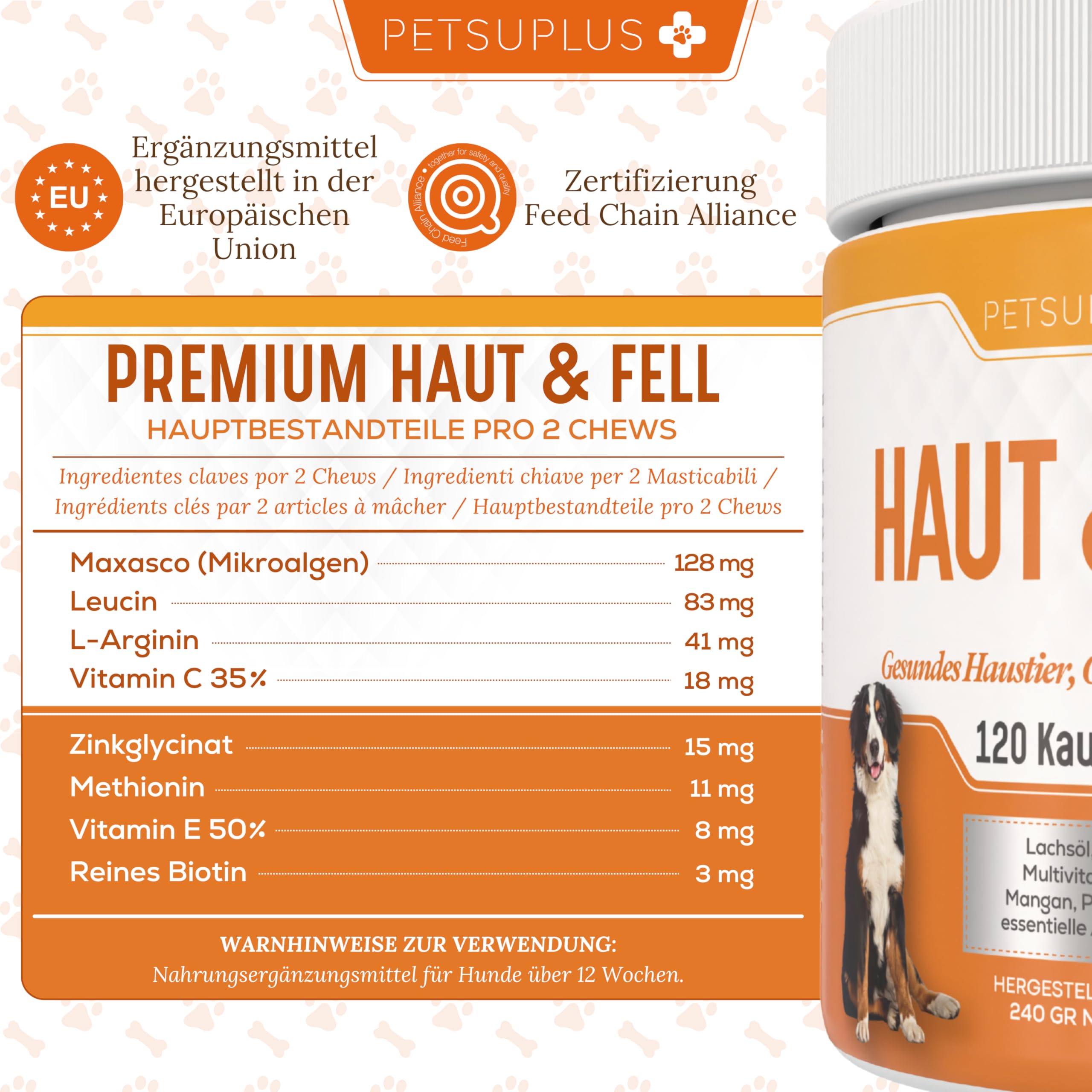 Skin & Coat. Nahrungsergänzungsmittel für Haut und Fell mit Omega 3 und Lachsöl Hund, gegen Juckreiz, trockene Haut, Reizungen, Haarausfall & Reizbarkeit. Hunde Leckerlis - 120 Snacks