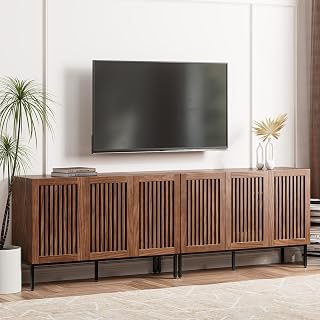 BVIUNTWOHOME Farmhouse TV Stand for 100" TVs - Rustic 2-in-1 Entertainment Center with Storage Cabinets, Metal Base, Brown