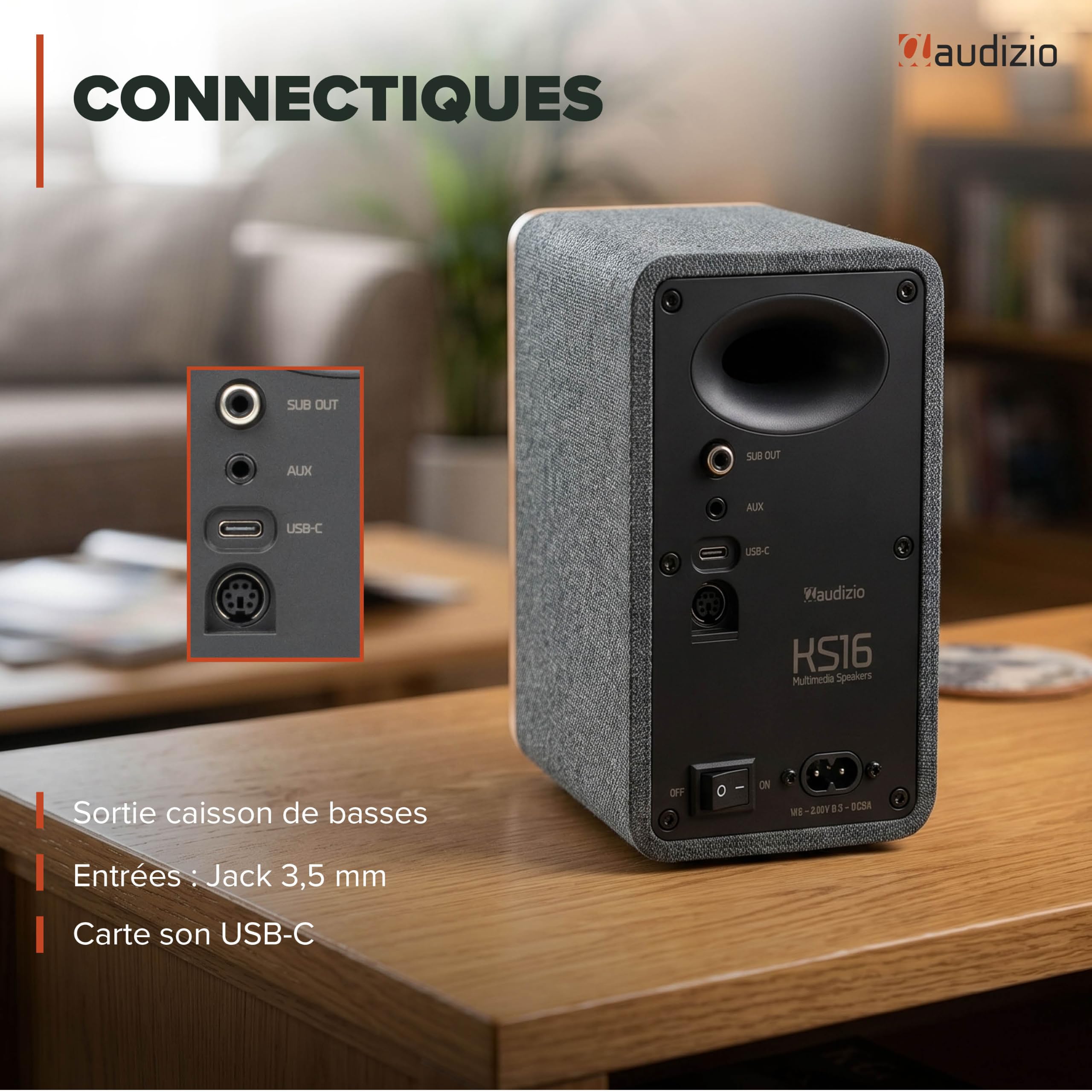 Audizio KS16 Enceintes PC Actives Bluetooth USB-C 100W Bambou