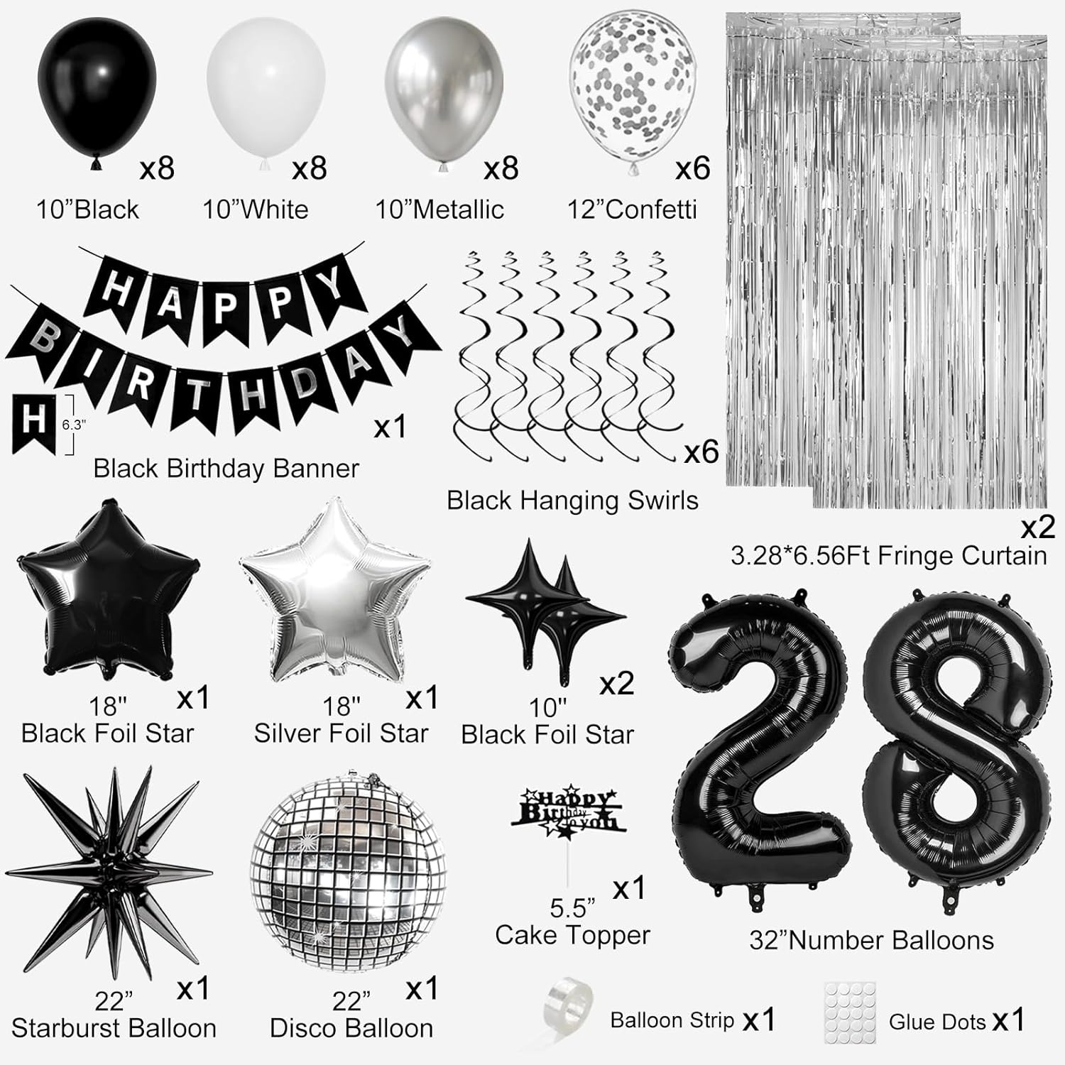 28th Birthday Decorations for Men Women, Black Silver Happy Birthday Party Decorations, 28 Year Old Party Supplies with Number 28 Balloons, Banner, Fringe Curtains Kit - Image 2