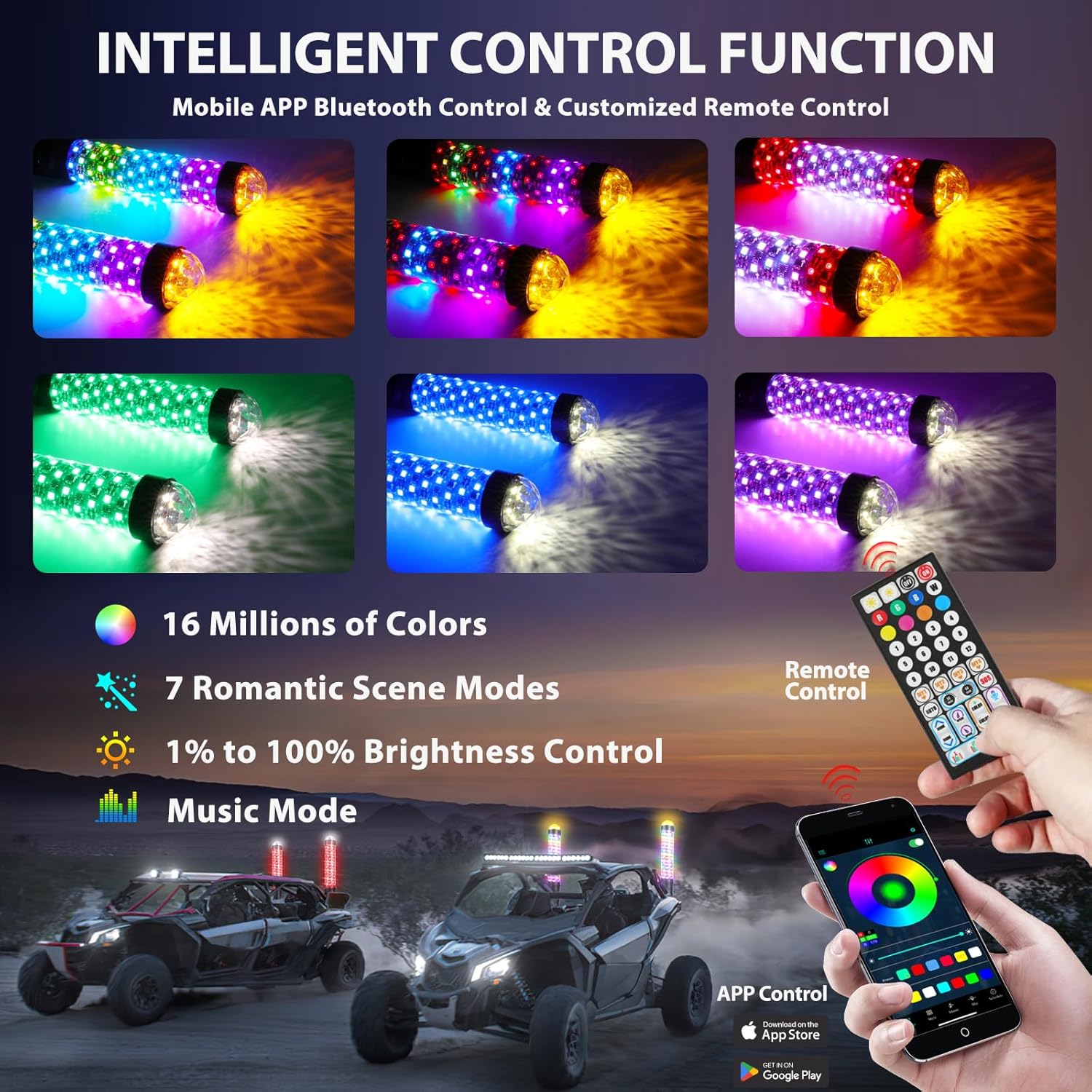 2PCS 1FT Fat Whip Light with Warning Light Spiral RGB LED Whip Lights with APP&Remote Control,Chasing Lighted Antenna Whips for UTV ATV Can-Am X3 RZR Can-Am Polaris Buggy Jeep Offroad (1ft)